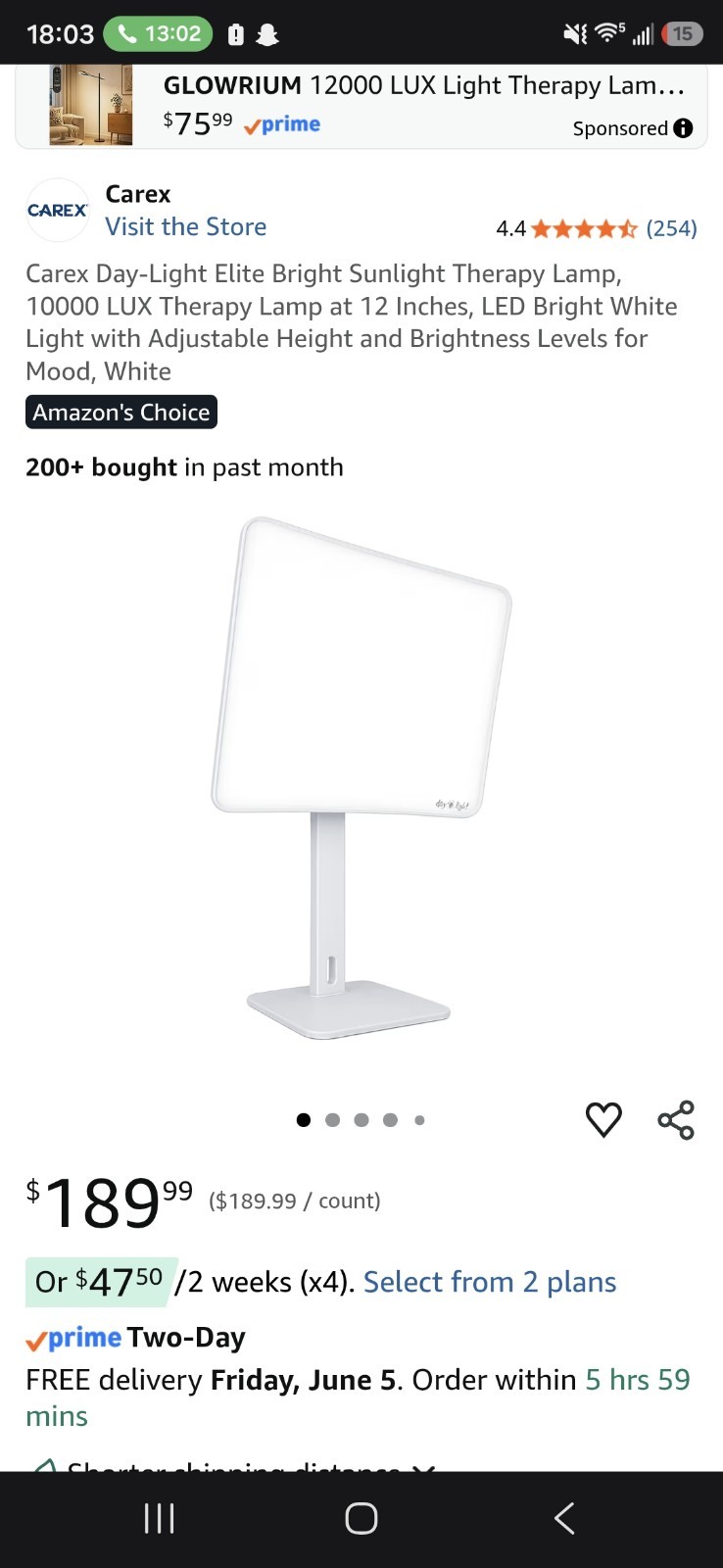 Carex Day-Light Elite Bright Light Therapy Lamp 10 000 Lux Daylight 