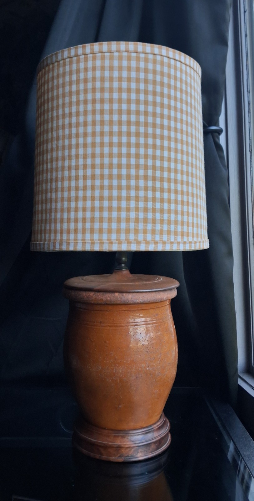 Vintage Glazed Crock Lamp Primative Gingham Cottagecore Luxury Cabin Decor Plaid