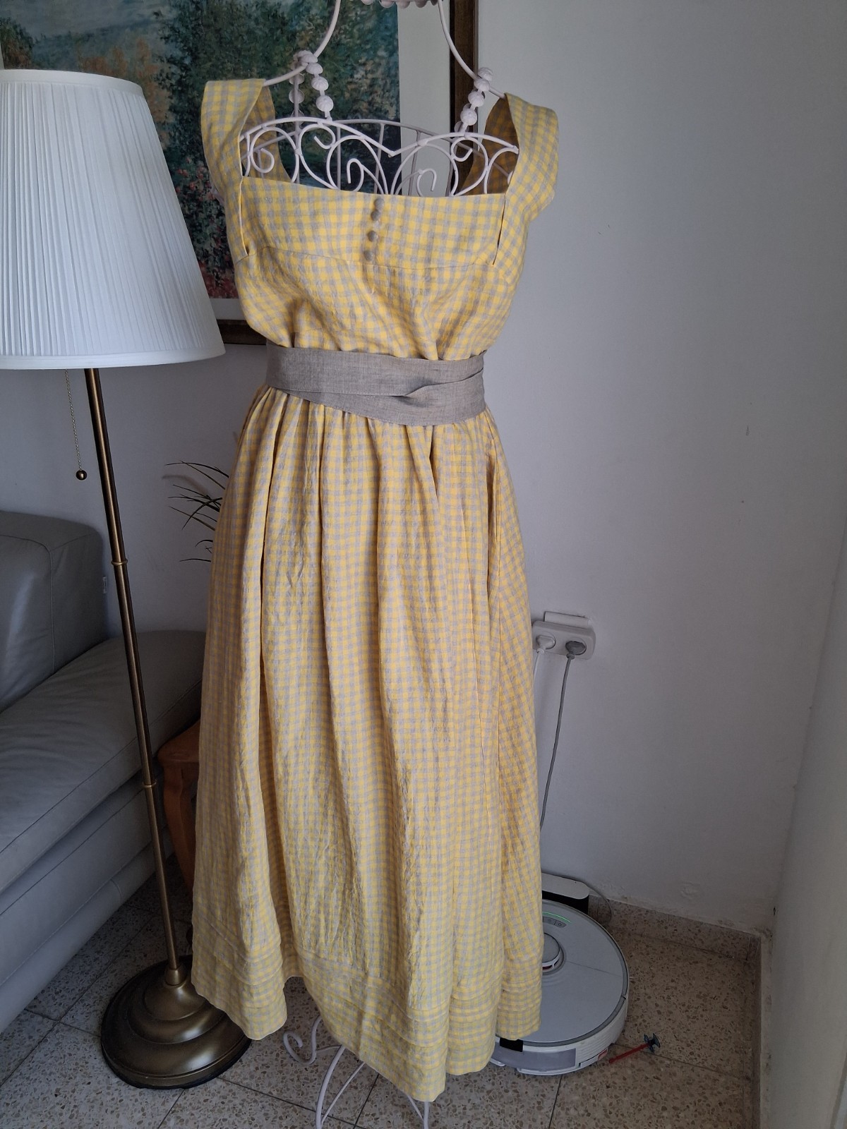 NWT Linennaive Vetiver 23 Dress Butter Yellow Gingham Linen Cross Back 