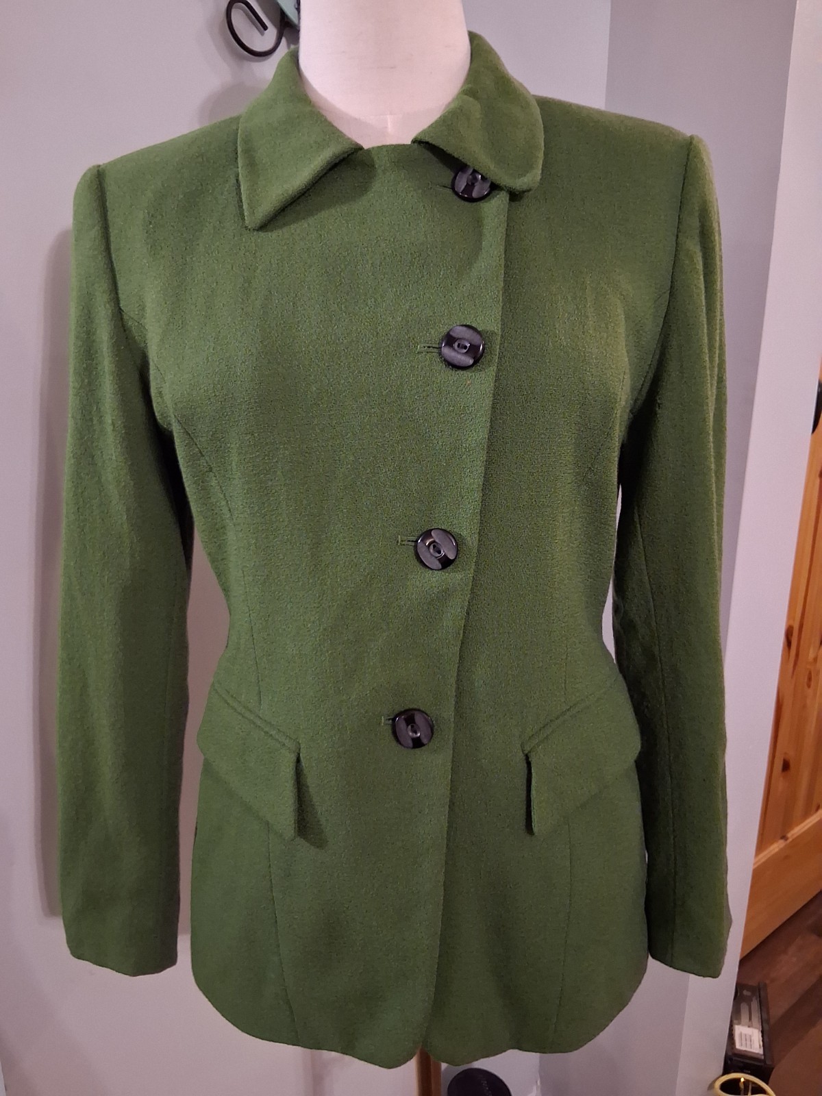Vintage 90\'s Y2K Womens Kasper Tailored 100% Wool Green Blazer SZ 8 Petite 