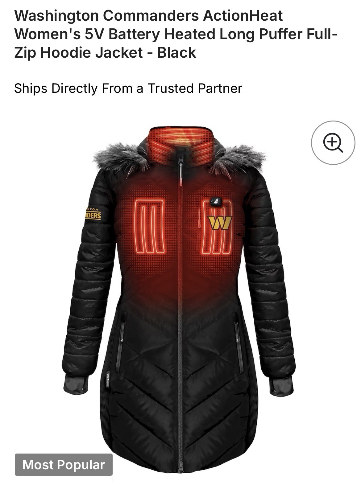 ActionHeat Women\'s 5V Battery Heated Long Puffer Jacket Hoodie Black Commanders