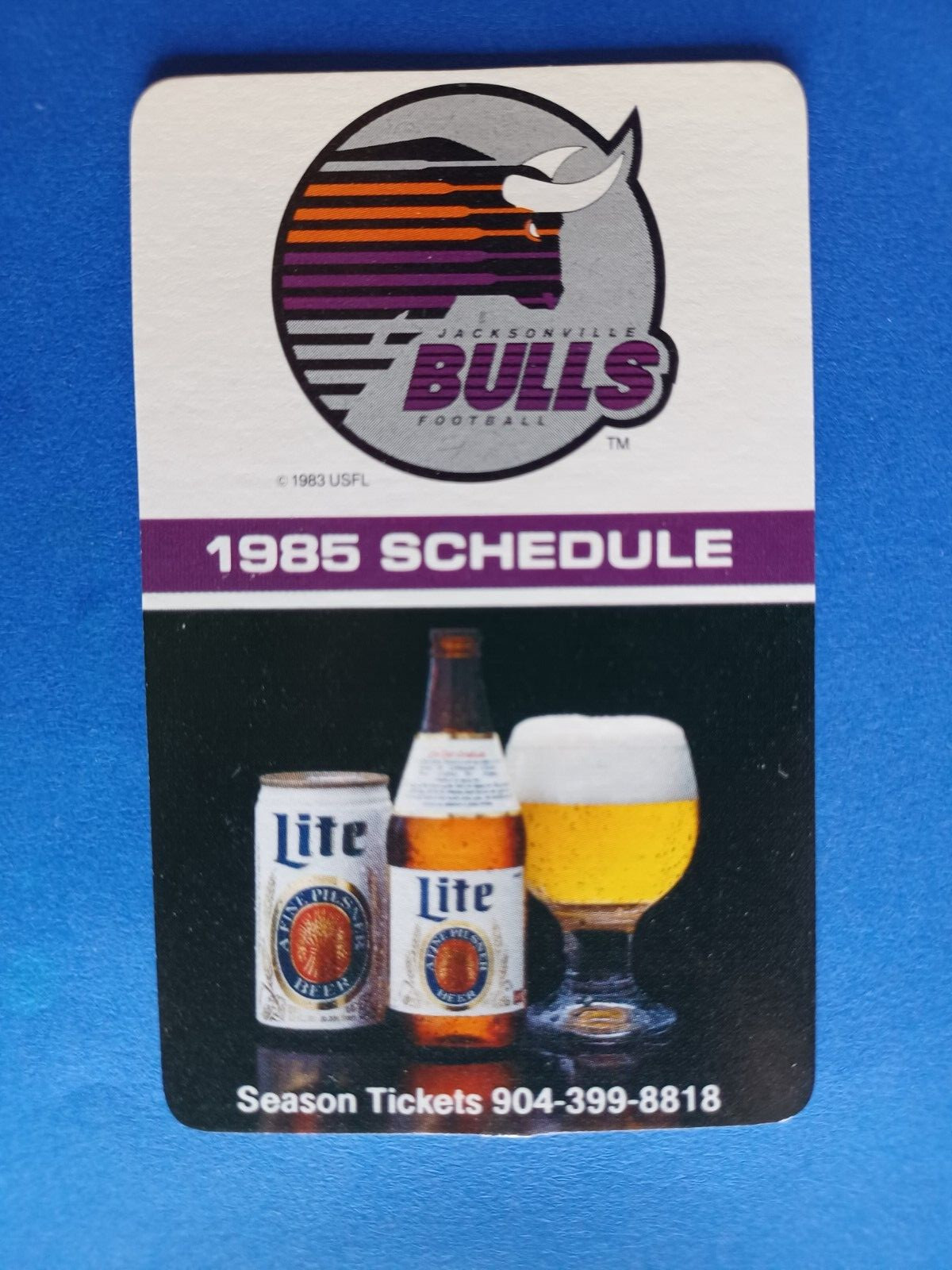 1985 JACKSONVILLE BULLS USFL FOOTBALL POCKET SCHEDULE CLEAN UNUSED MILLER LITE