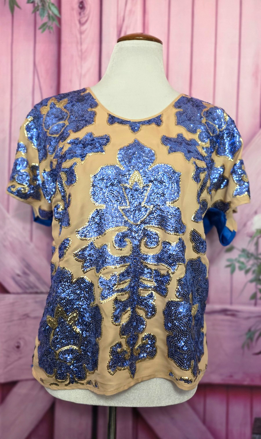 Neiman Marcus Tracy Reese Blue/Beige Floral Chiffon Sequin Blouse Size M