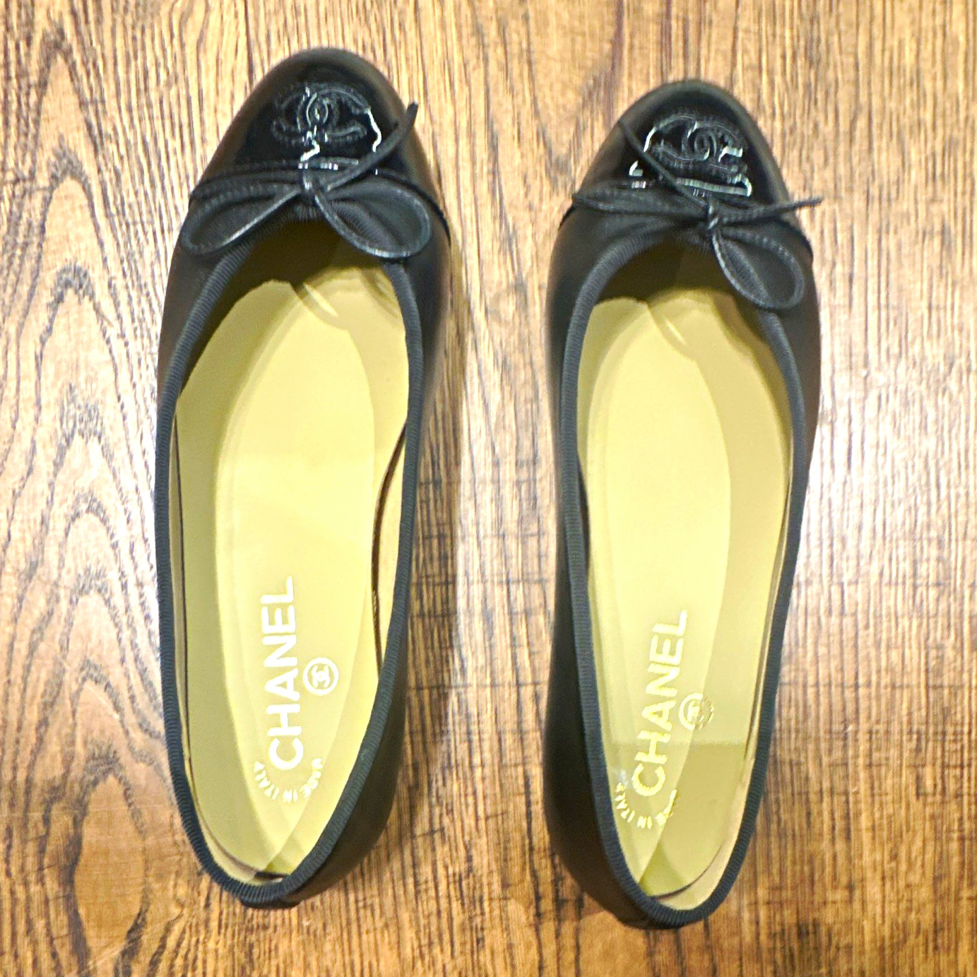 CHANEL Women’s Black Leather Ballet Flats Cap Toe Bow CC Logo Slip-On 6.5C