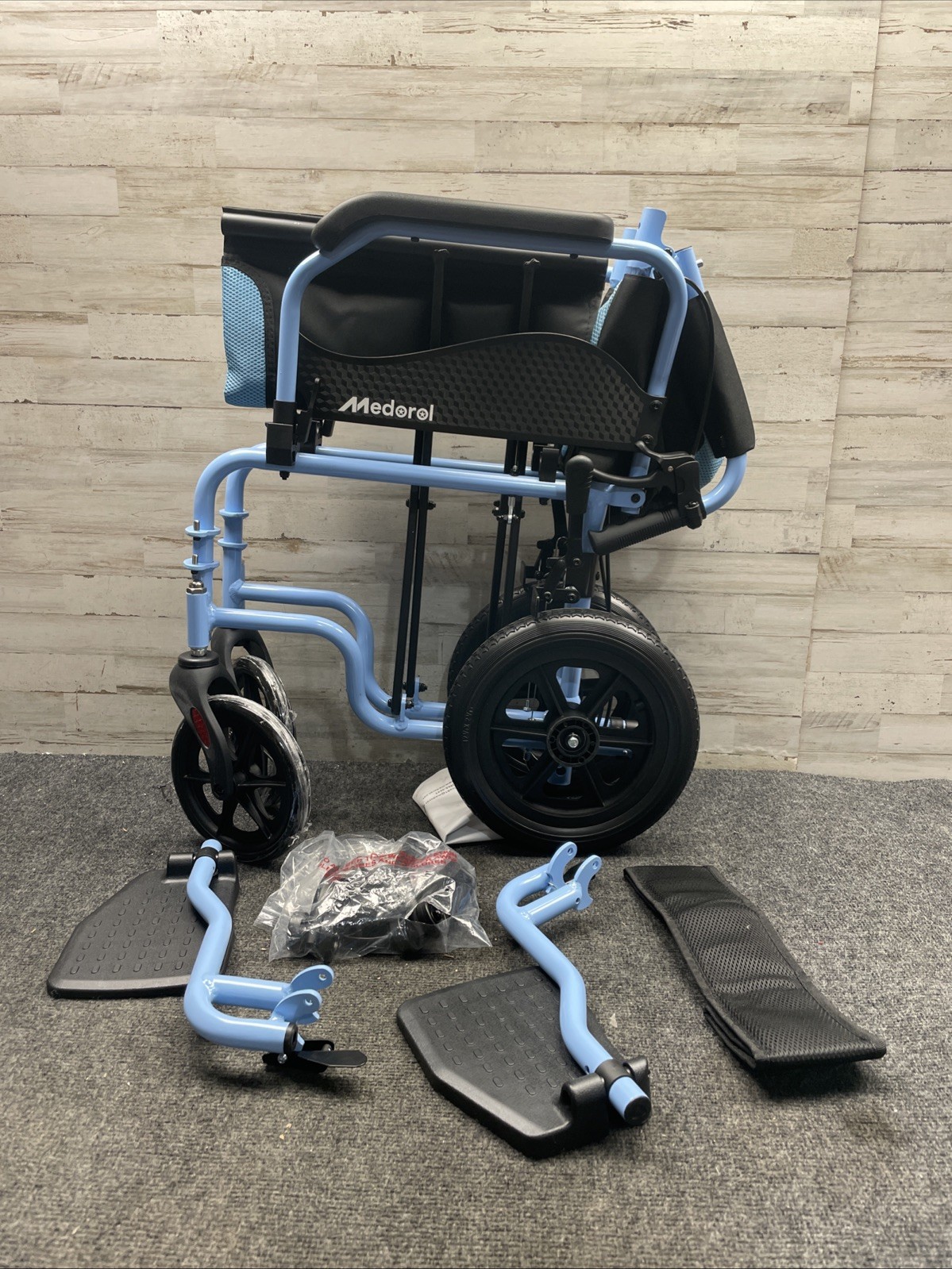 Medorol Blue Transport Wheelchair Lightweight Foldable RecliningM-LTWK02BLUE Medorol Blue Transport Wheelchair Lightweight Foldable RecliningM-LTWK02BLUE