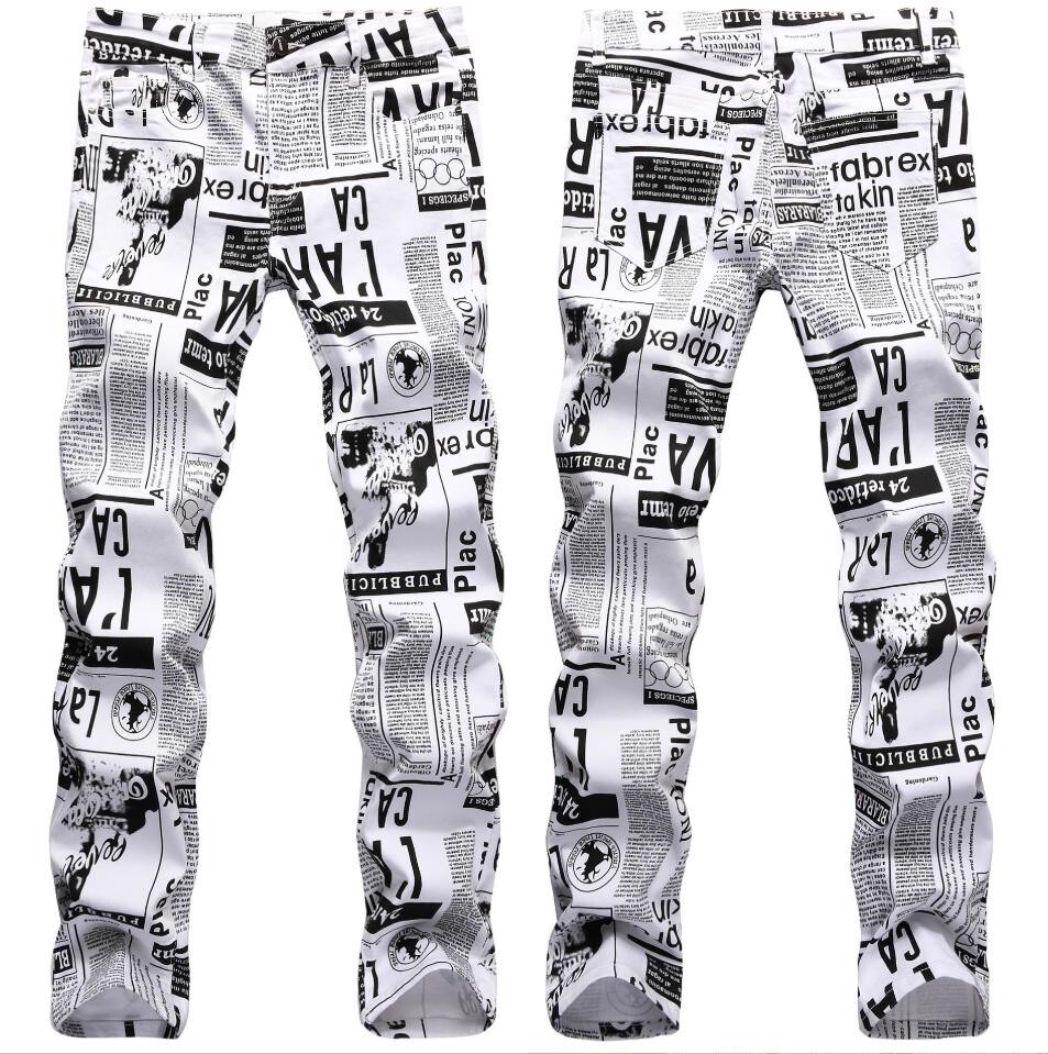 Mens Newspaper Print Jeans Fashion Hip Hop Slim Fit Denim Pants Casual Trousers Mens Newspaper Print Jeans Fashion Hip Hop Slim Fit Denim Pants Casual Trousers