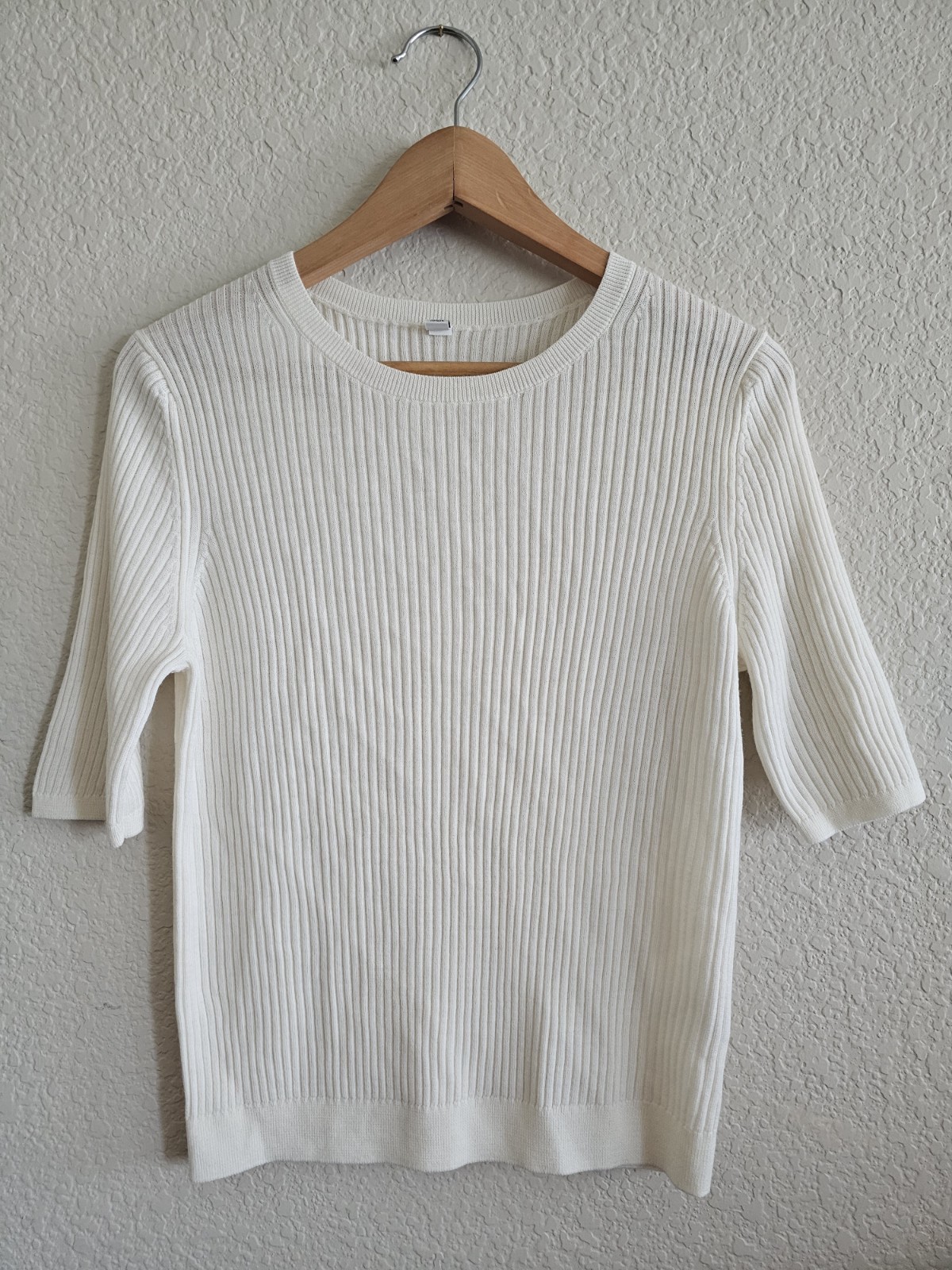 Uniqlo Extra Fine Merino Wool Ribbed HalfSleeve Sweater Cream White XL 100% Wool