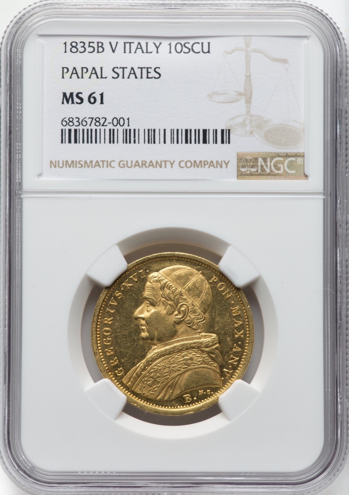 ITALY PAPAL STATES 1835-B 10 SCUDI GOLD COIN UNCIRCULATED, NGC CERTIFIED MS-61 ITALY PAPAL STATES 1835-B 10 SCUDI GOLD COIN UNCIRCULATED, NGC CERTIFIED MS-61