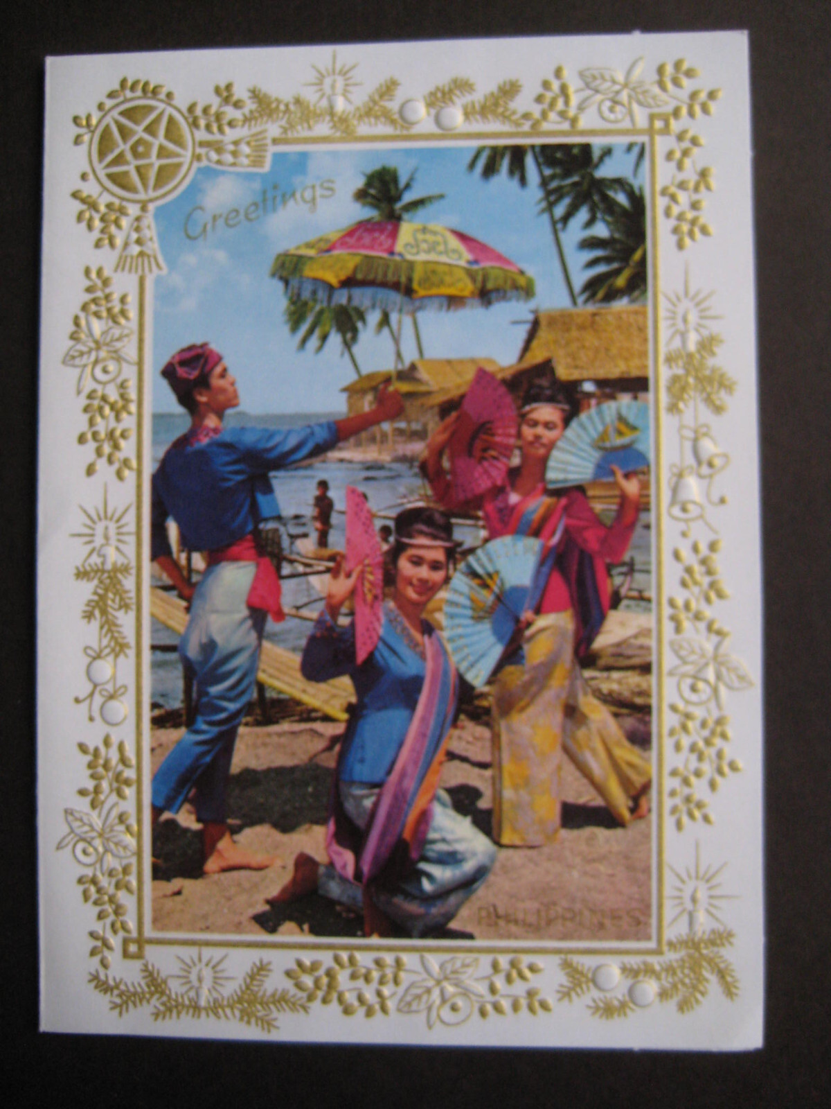 vintage greeting card CHRISTMAS From Manila, Philippines, Moro Costume