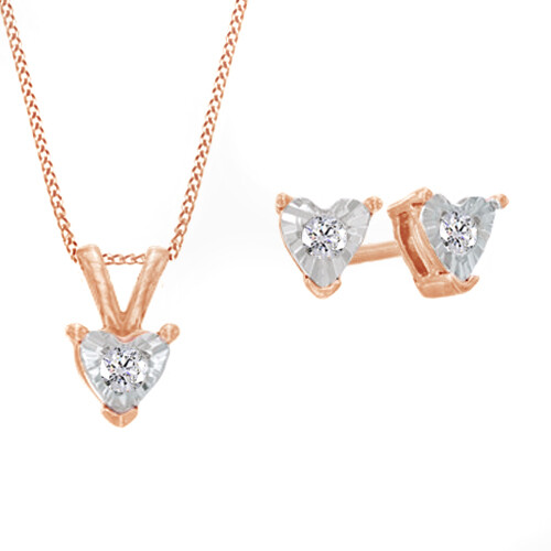 1/4Ct White Real Diamond 10K Rose Gold Solitaire Heart Pendant,Earrings Set-IGI-