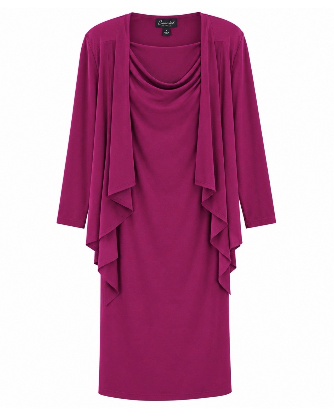 Connected Women\'s Purple Solid Cowl Neck Sheath Knee Dress 3/4 Sleeve M