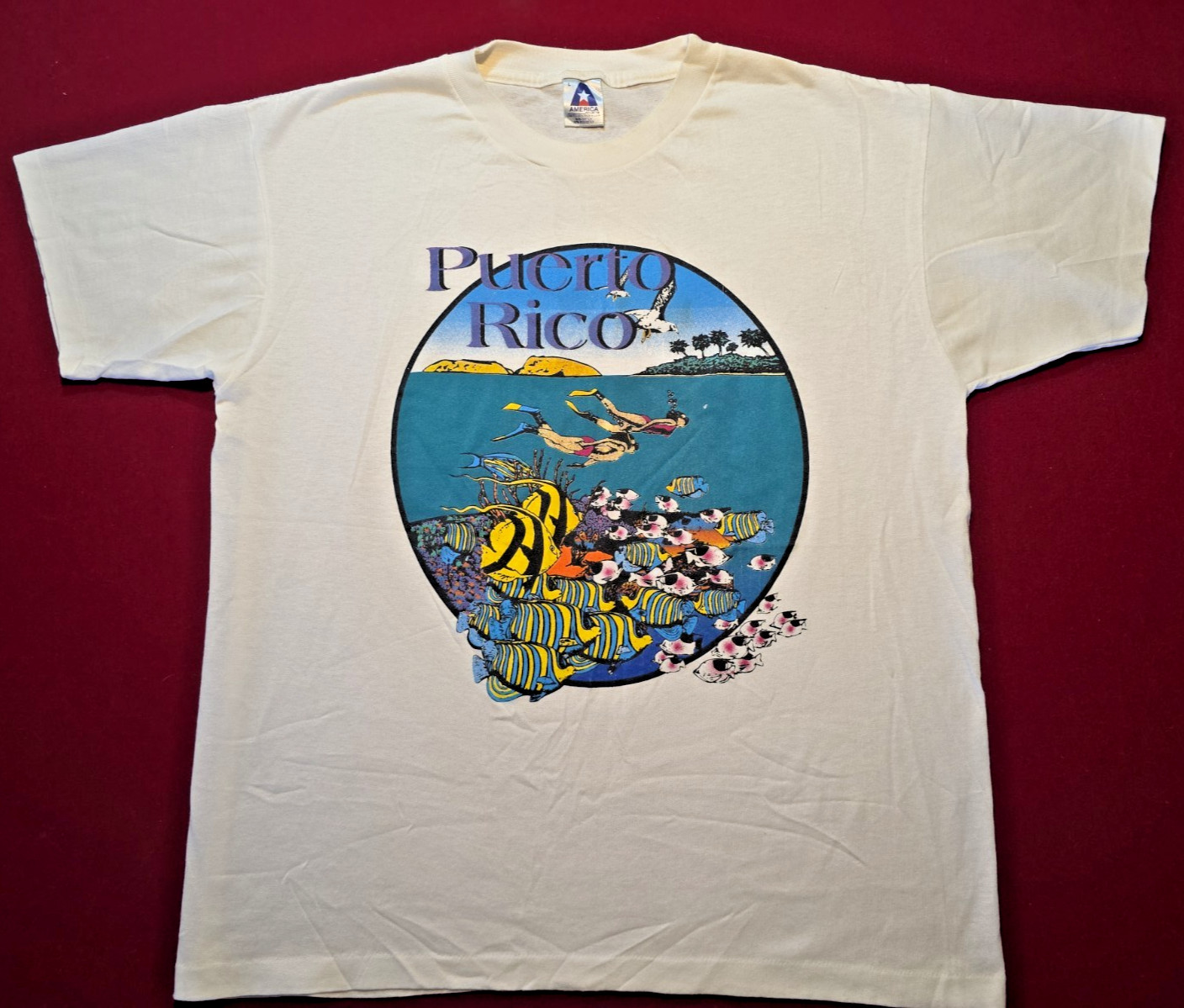 Vintage Puerto Rico Graphic 80s USA Single Stitch T Shirt White Large Excellent