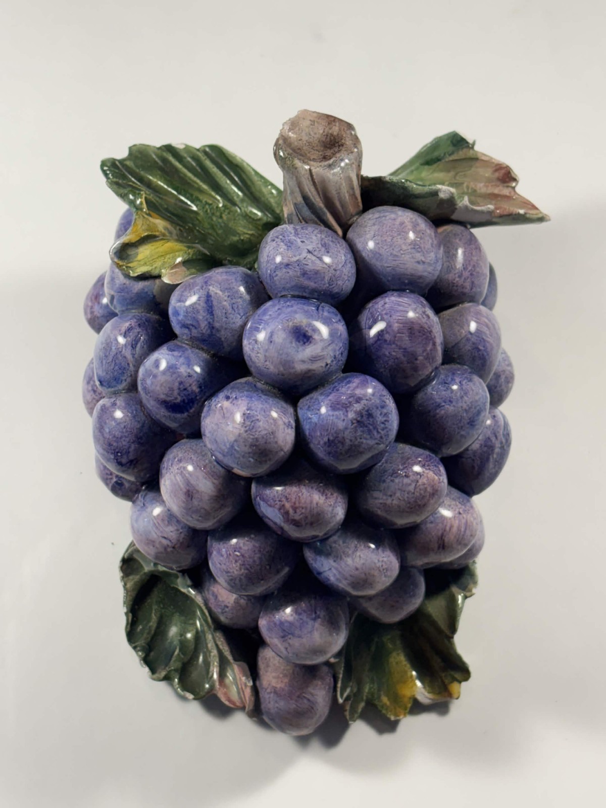 Vintage Italian Majolica Ceramic Grape Cluster Figurine Purple Grapes Leaves Ita