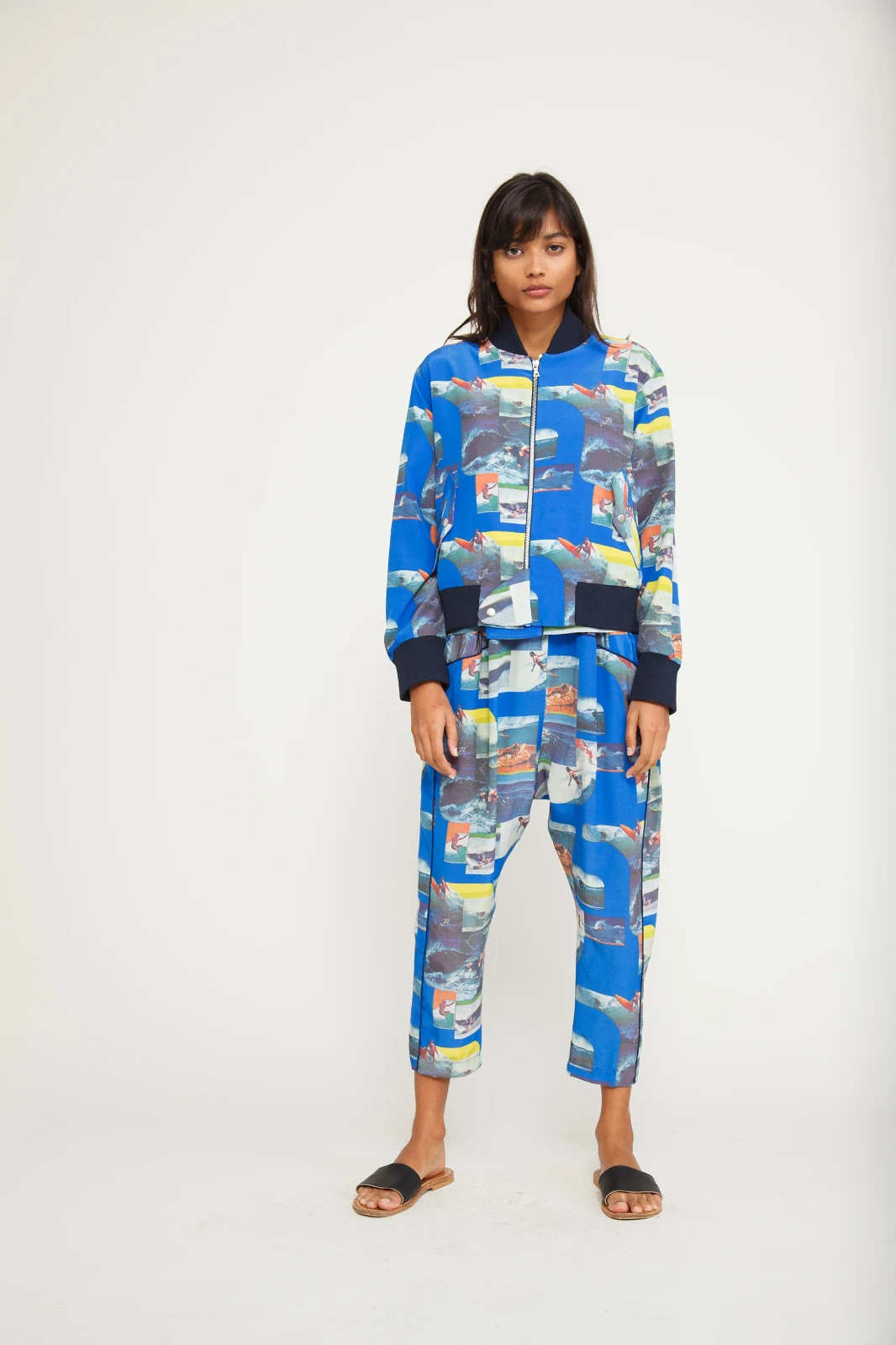 Sea New York Blue Beach Surfing Print Silk Cropped Pants, Size 6