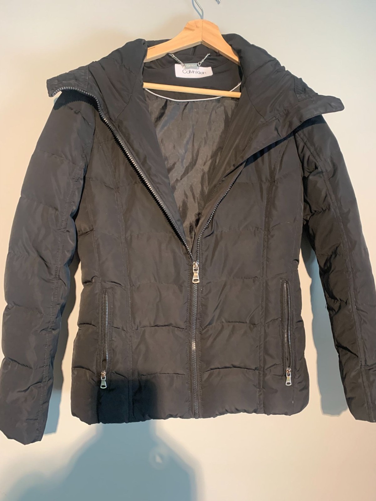 Calvin Klein Womens Black Quilted Puffer Jacket Size M With Hood & Zipper Pocket