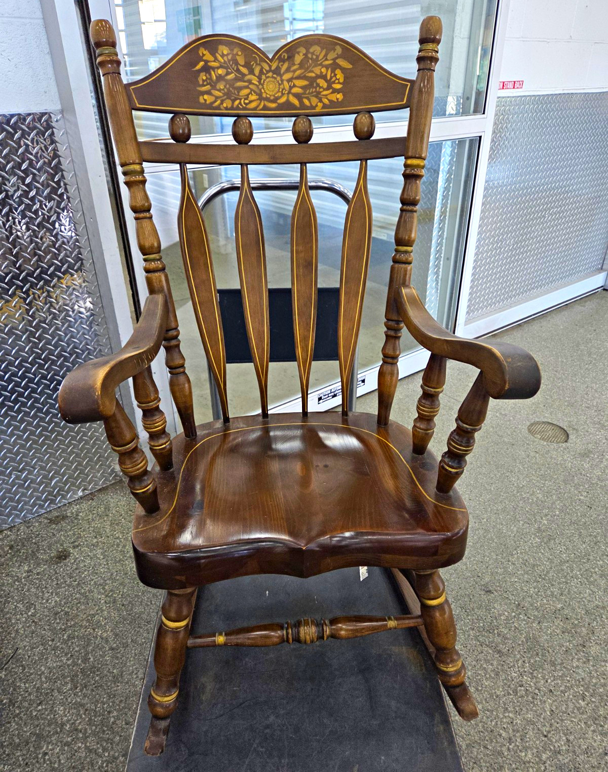 Wood Rocking Chair with Arms, Carved Floral Backrest, Brown Dark Wood