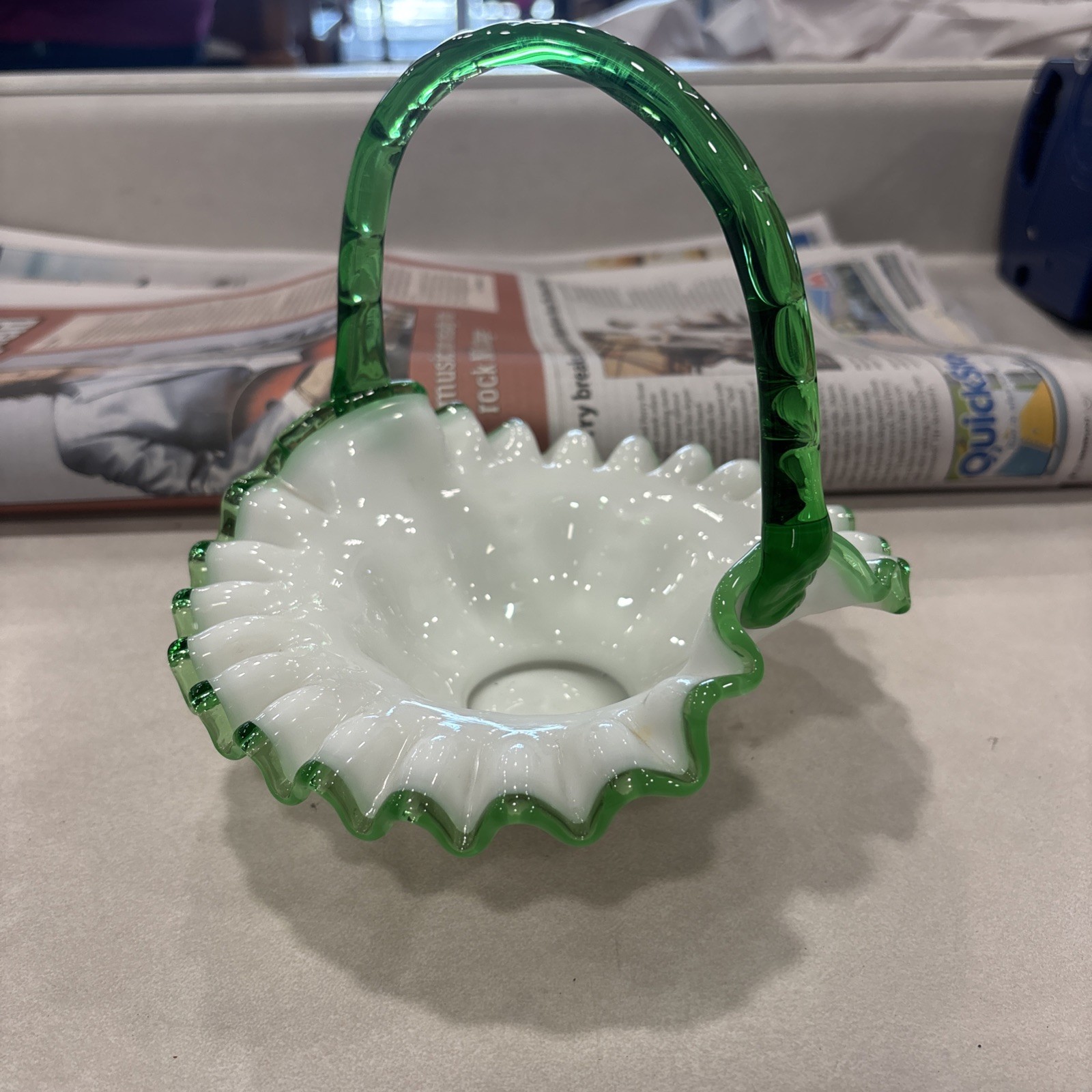 Vintage Fenton Emerald Crest Milk Glass Ruffled Basket