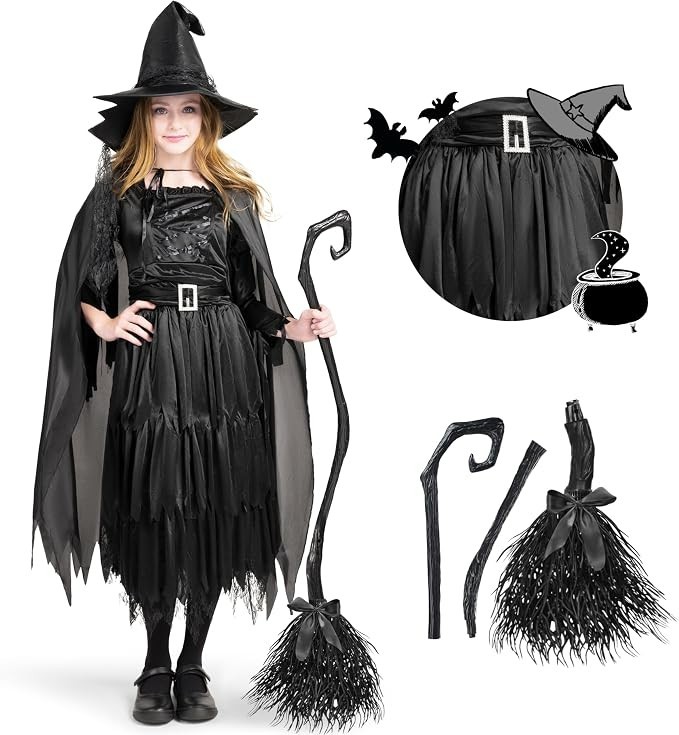 Classic Kids Witch Costume Black Witch Dress with Broom and Hat for Girls Hallow