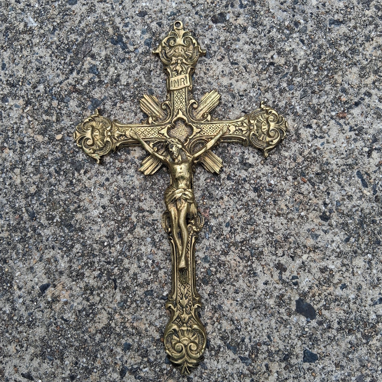 Antique French Wall Hanging Religious Brass Crucifix Cross Baroque Style Signed Antique French Wall Hanging Religious Brass Crucifix Cross Baroque Style Signed