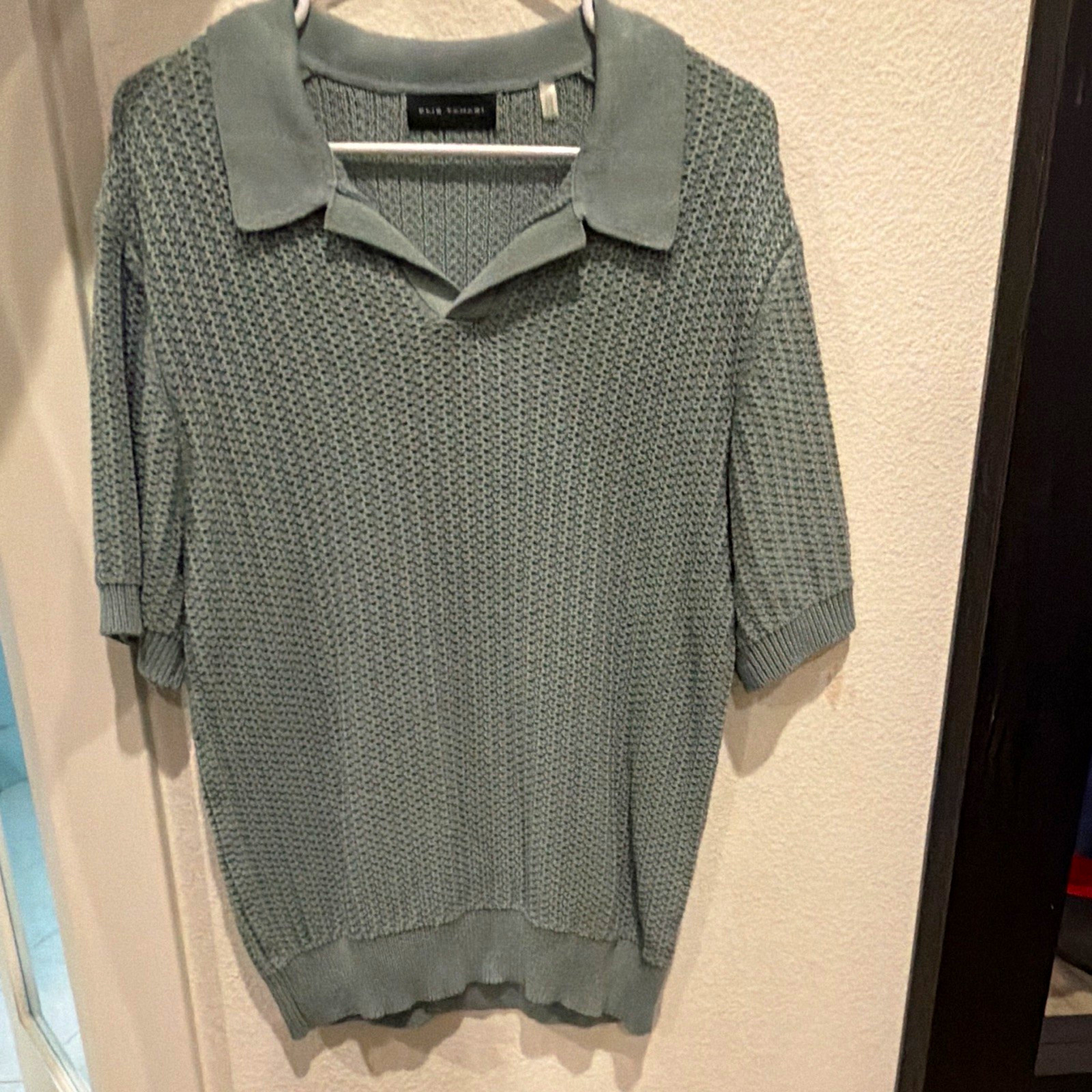 Elie Tahari Women\'s Green Solid Knit Collared Short Sleeve Pullover Sweater L