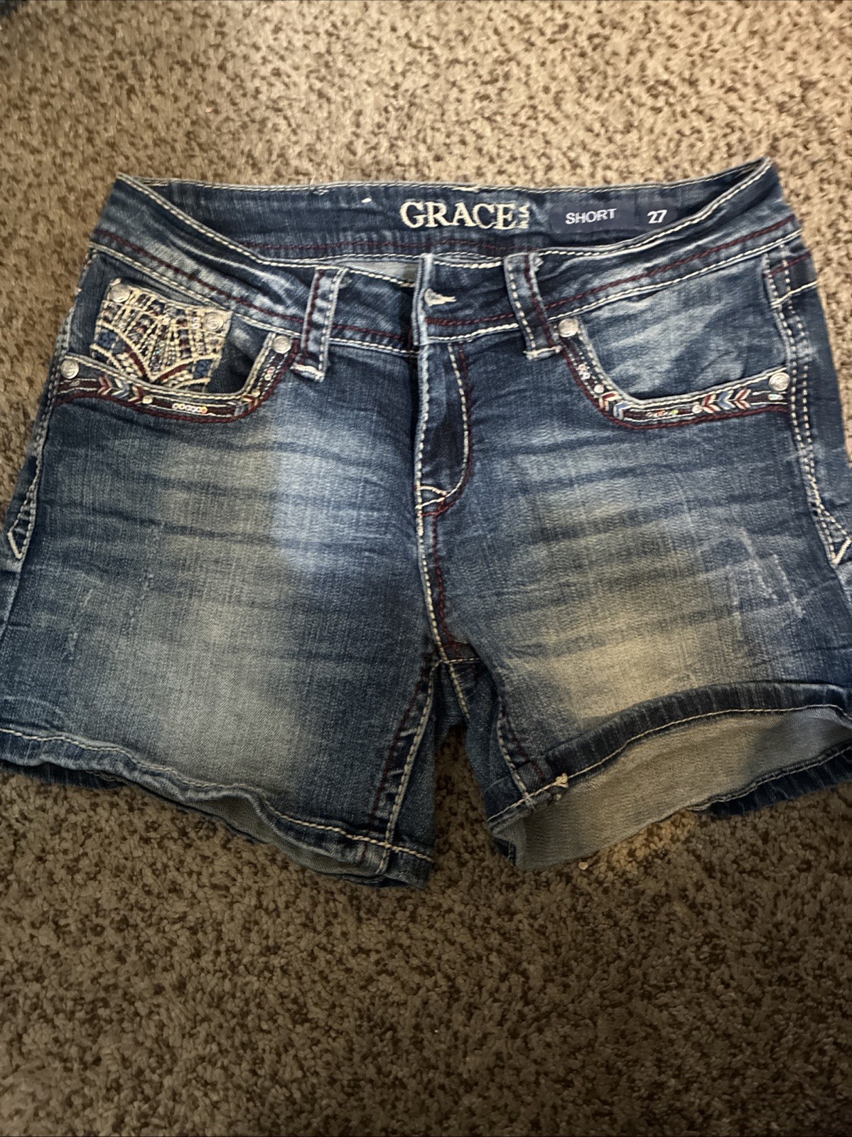 Grace in La Women\'s Blue Denim Distressed Embroidered Bermuda Shorts