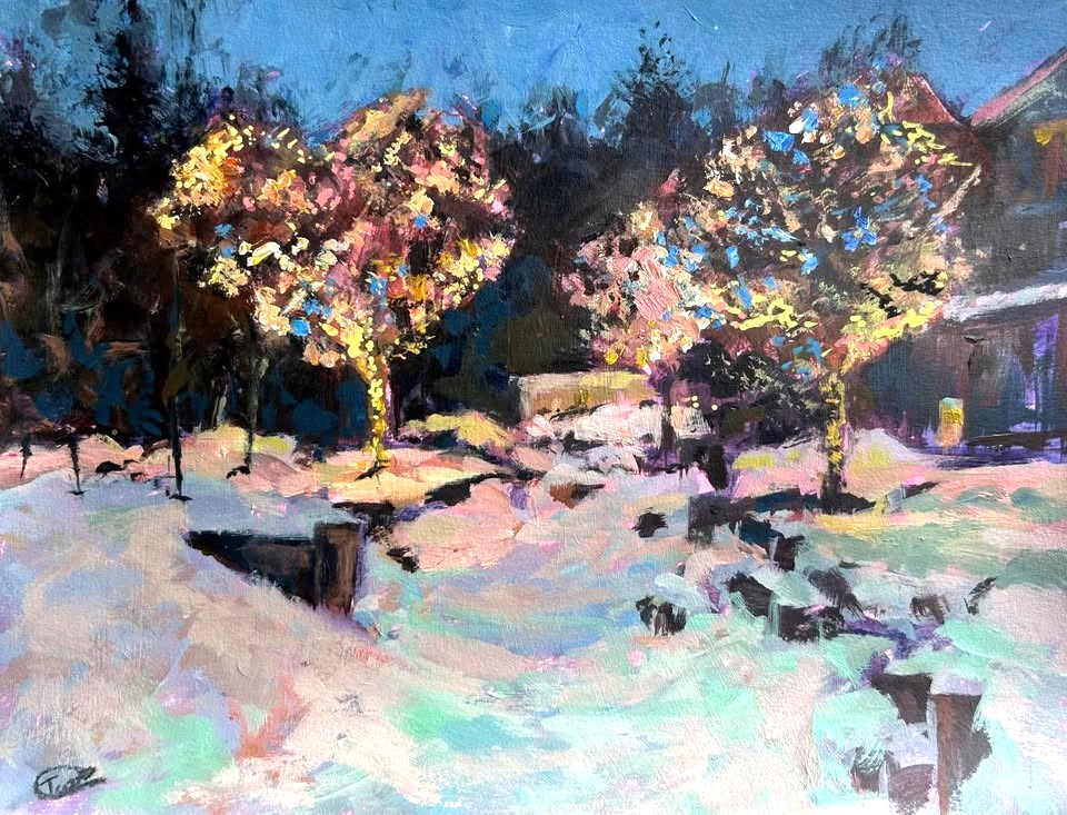 Holiday Lights Original Acrylic Painting,Winter Wall Art 12x9in,Signed, Handmade
