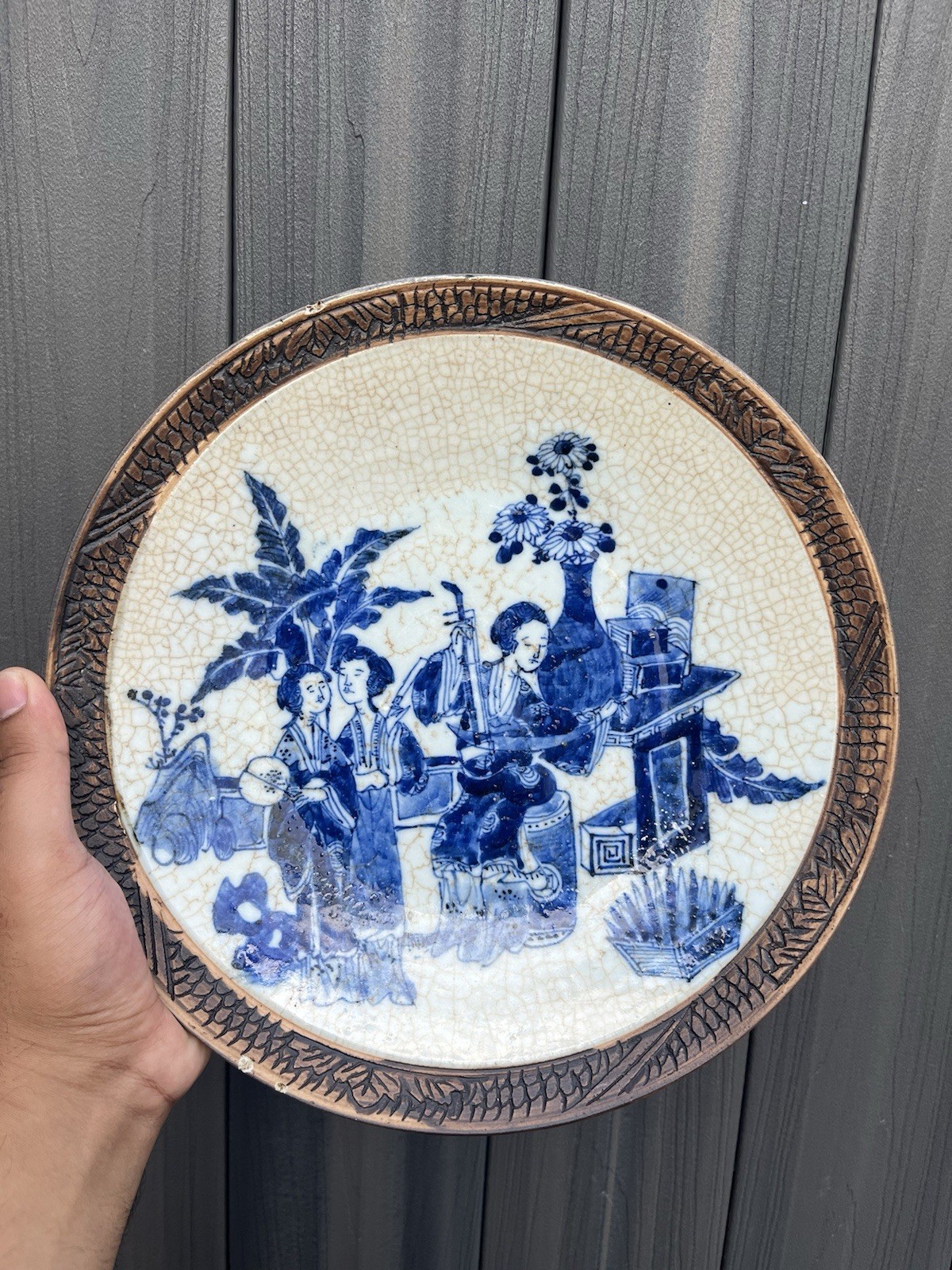 Gorgeous Antique 19th Century Blue And White Crackle Glaze Charger Qing Dynasty 
