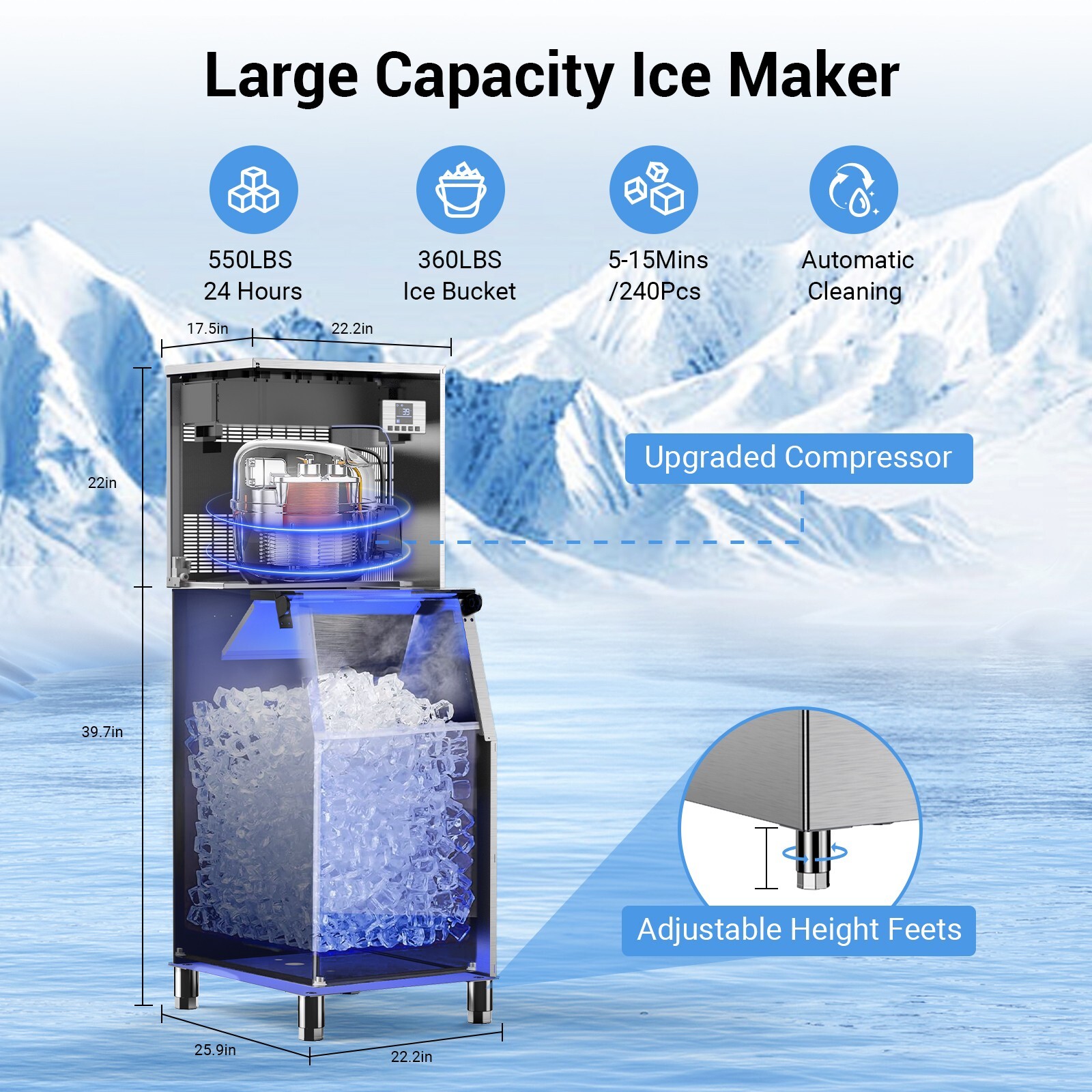 550LB/24H Commercial Ice Maker Machine with 360LBS Storage Bin Auto Cleaning