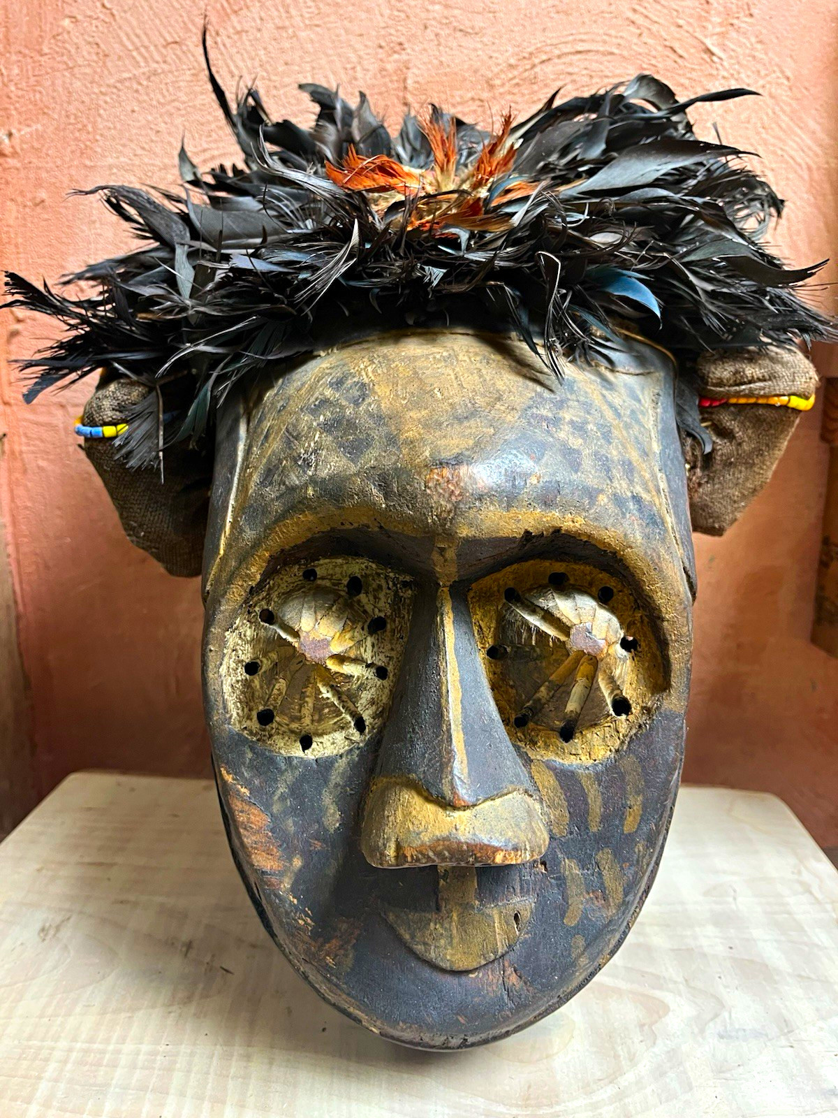 Carved Wooden African Kuba Mask w/ Feather Headdress, Beaded Trim & Fabric