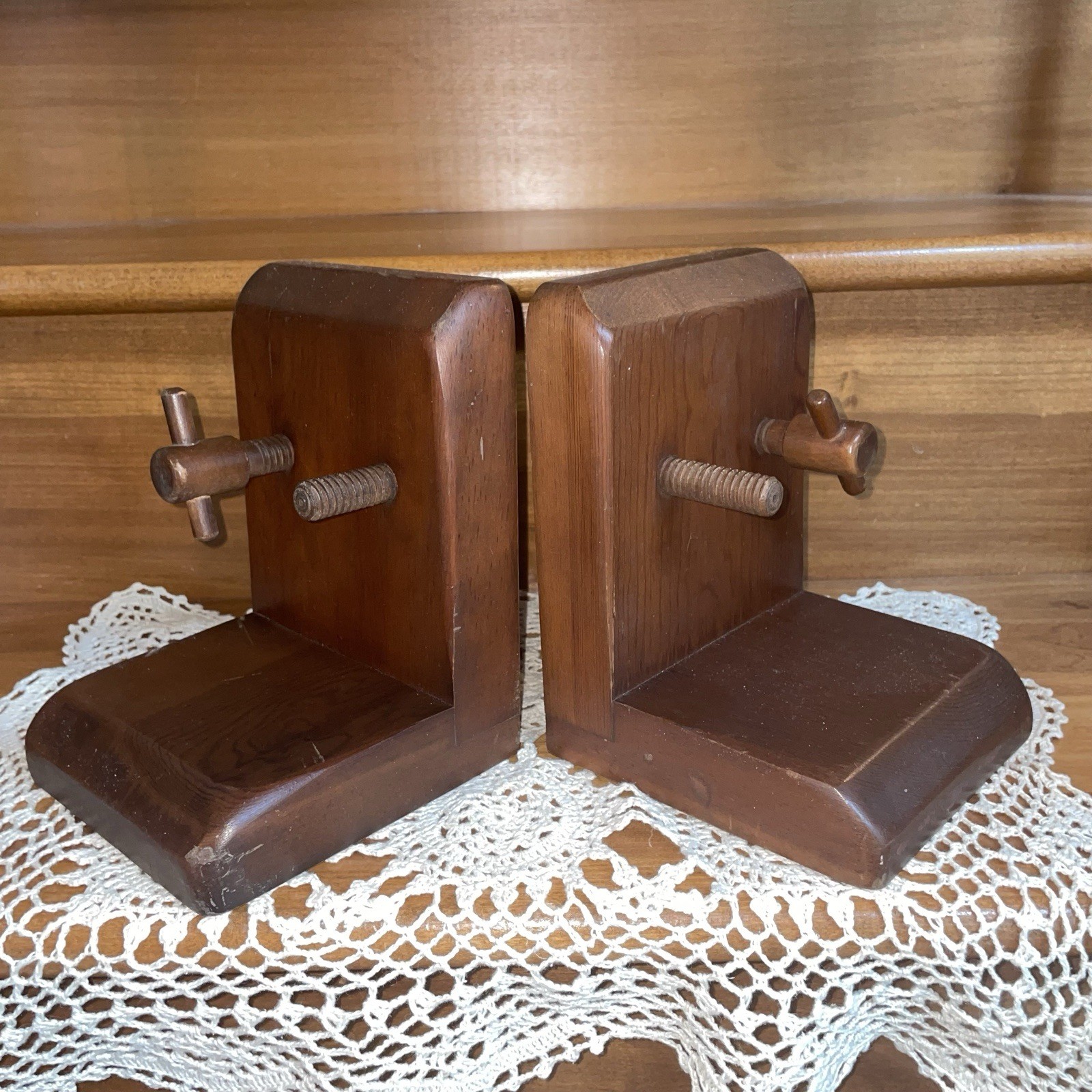 Vtg MCM Hand Tooled Solid Wood Book Ends Industrial Art Man Cave 60s 70s NOS Vtg MCM Hand Tooled Solid Wood Book Ends Industrial Art Man Cave 60s 70s NOS