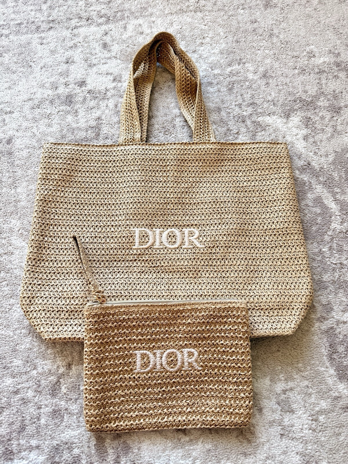 Dior Beauty 2 Piece Raffia Beige Woven Tote Bag & Zip Pouch GWP Embroidered New