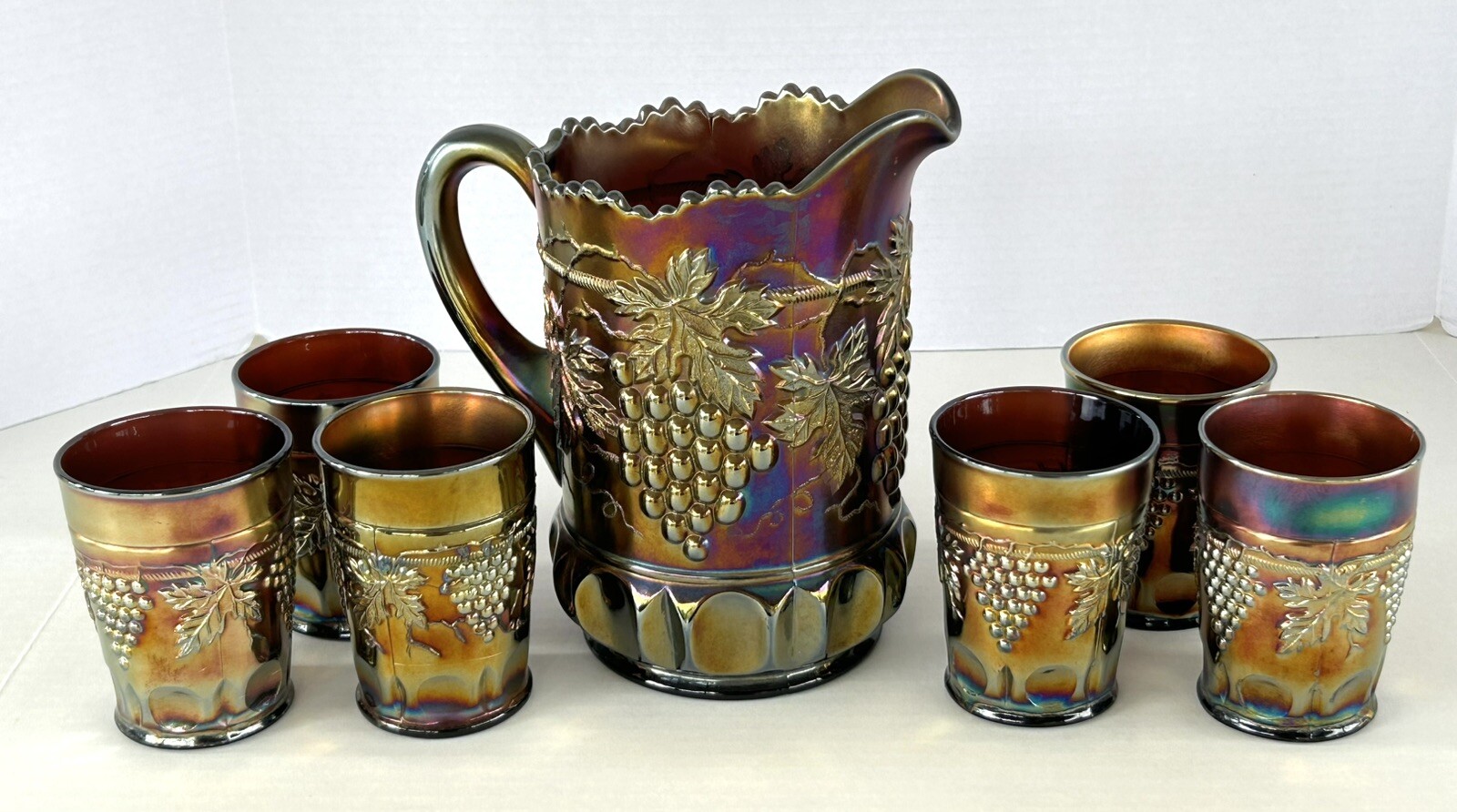 Northwood Carnival Glass Amethyst Grape And Cable Pitcher Tumblers Set 7 Pieces