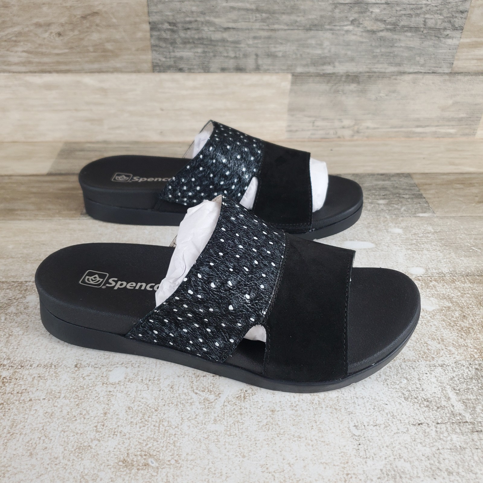 Spenco Dawn Womens Slide Sandals Sz 8 D Black Ostrich Leather Slip On Open Toe Spenco Dawn Womens Slide Sandals Sz 8 D Black Ostrich Leather Slip On Open Toe