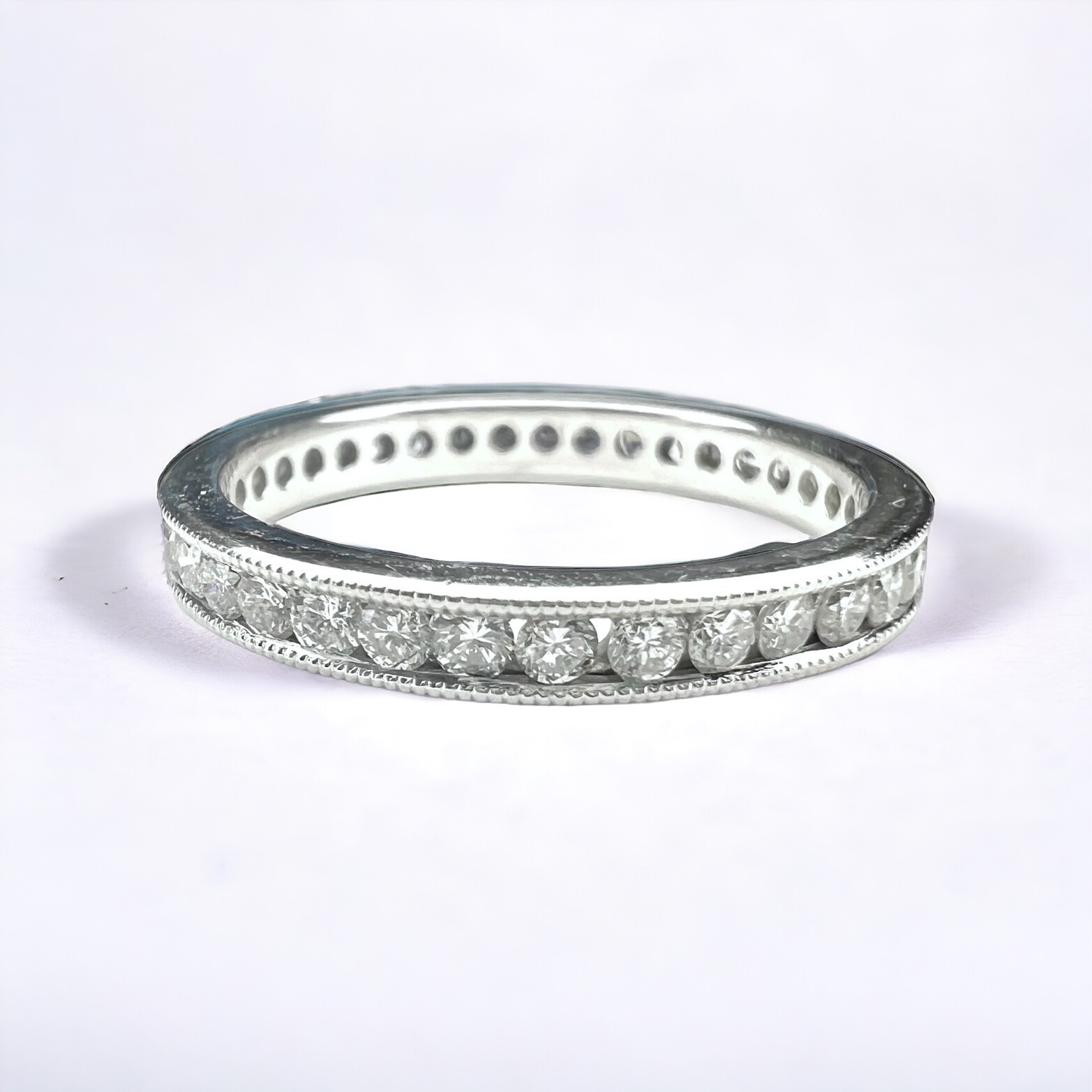 Stunning Vintage 14K White Gold Natural Round Diamond Mill Grain Eternity Band