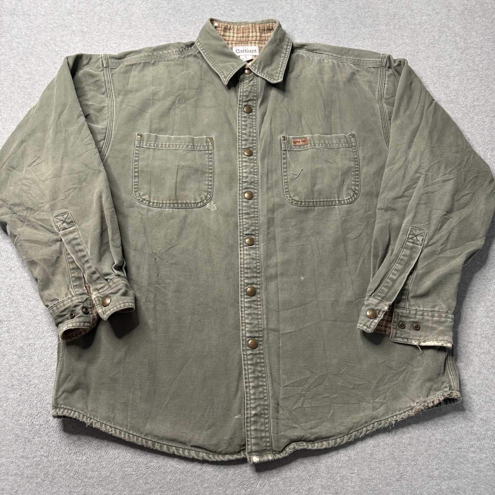 Carhartt Shirt Mens Large Green Canvas Flannel Lined Shacket Workwear Snap Up