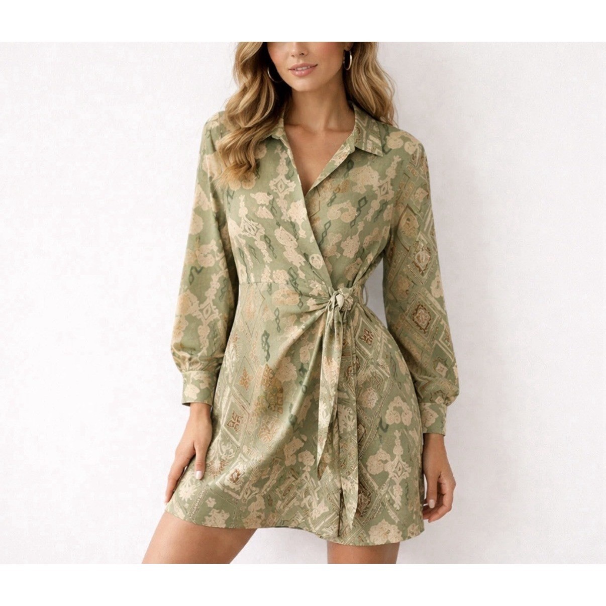 Rachel Zoe Dress Womens XS Green Geometric Wrap Shirt Long Sleeve Tie Mini Rachel Zoe Dress Womens XS Green Geometric Wrap Shirt Long Sleeve Tie Mini