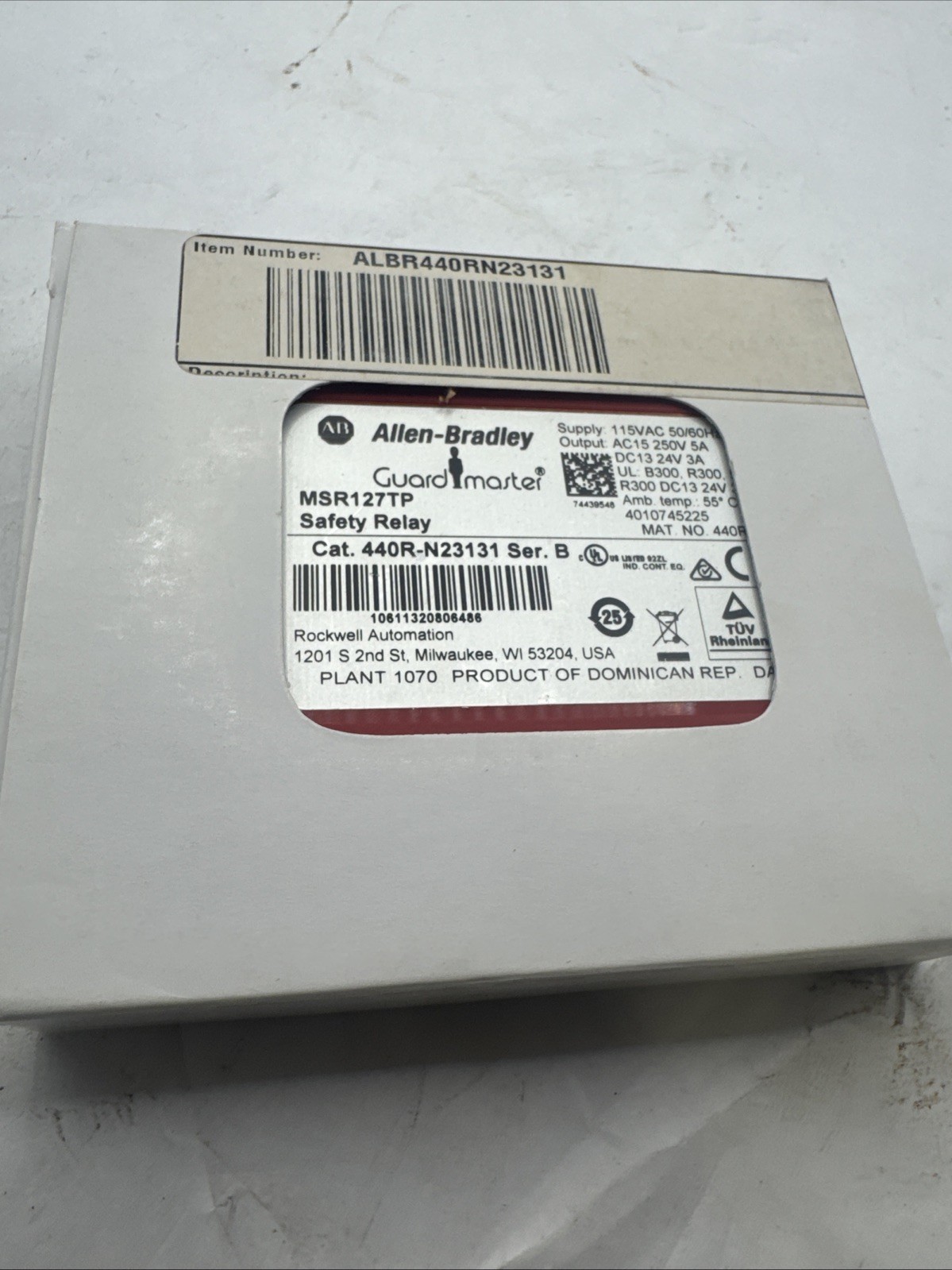 Allen-Bradley 440R-N23131/B Guardmaster MSR127TP Safety Relay 115VAC NOB