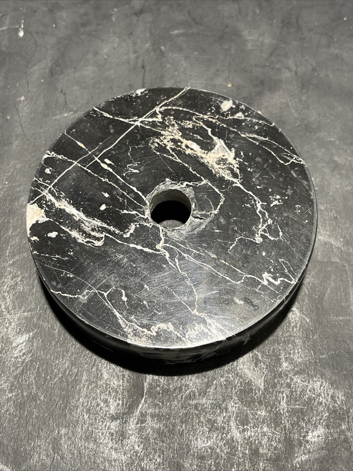 Vintage 3 1/2 Round Black Marble Lamp Base for Restoration - Made in Italy : NOS