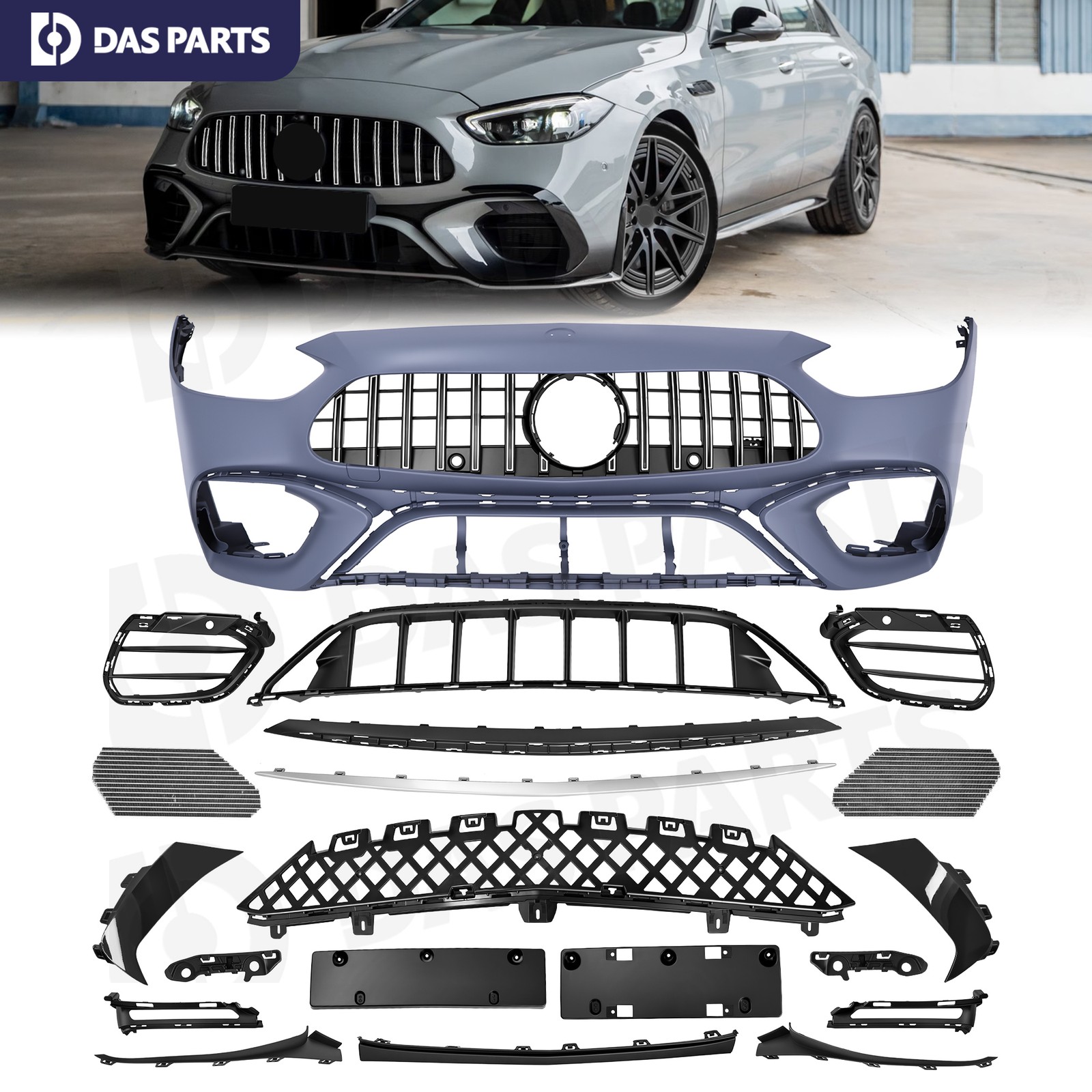 Full Front Bumper Cover Grill Facelift Kit For 2021+ Benz C Class W206 C200 C300