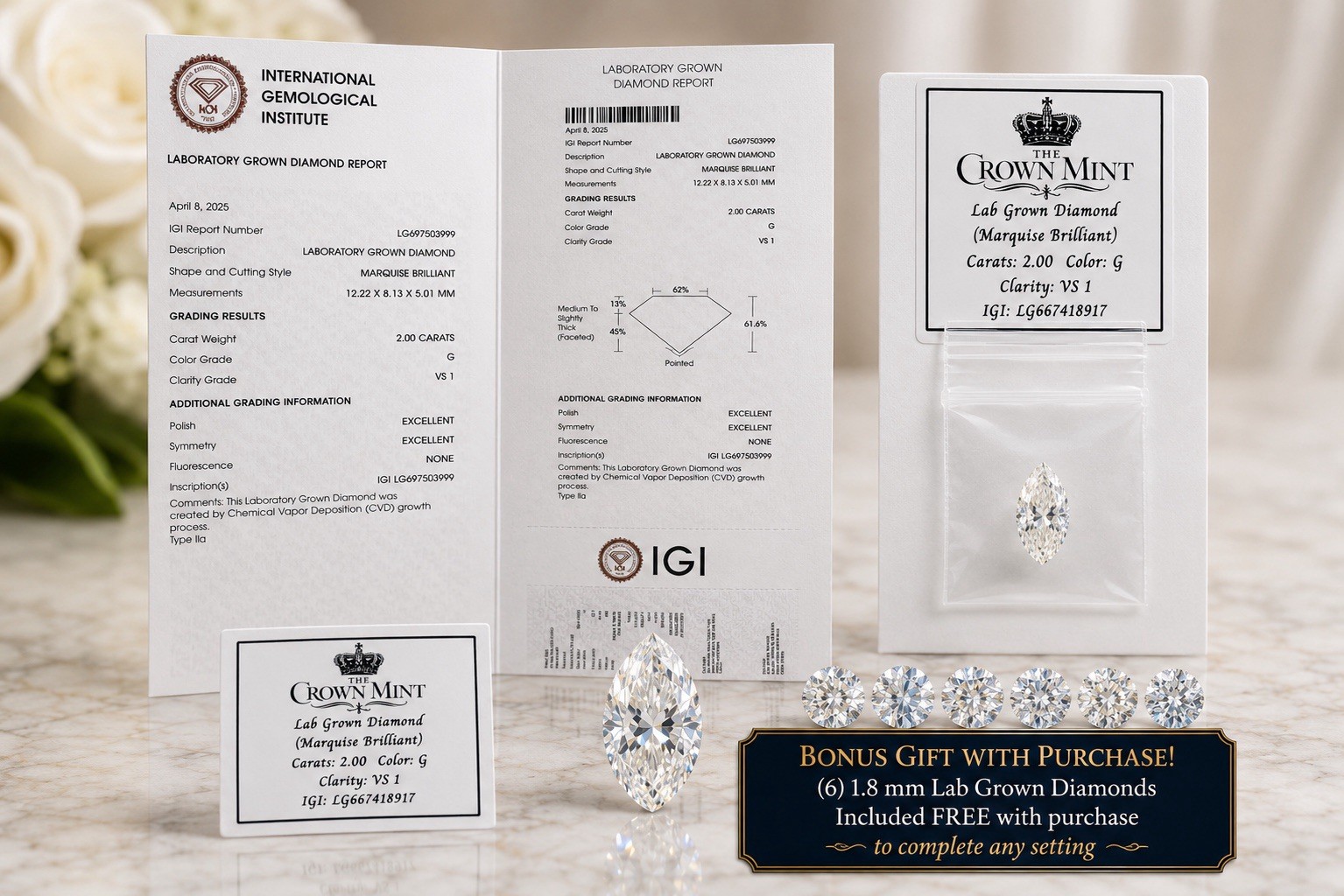 2.00 Ct IGI Certified Lab Grown Diamond Marquise Brilliant G VS1 Loose Diamond