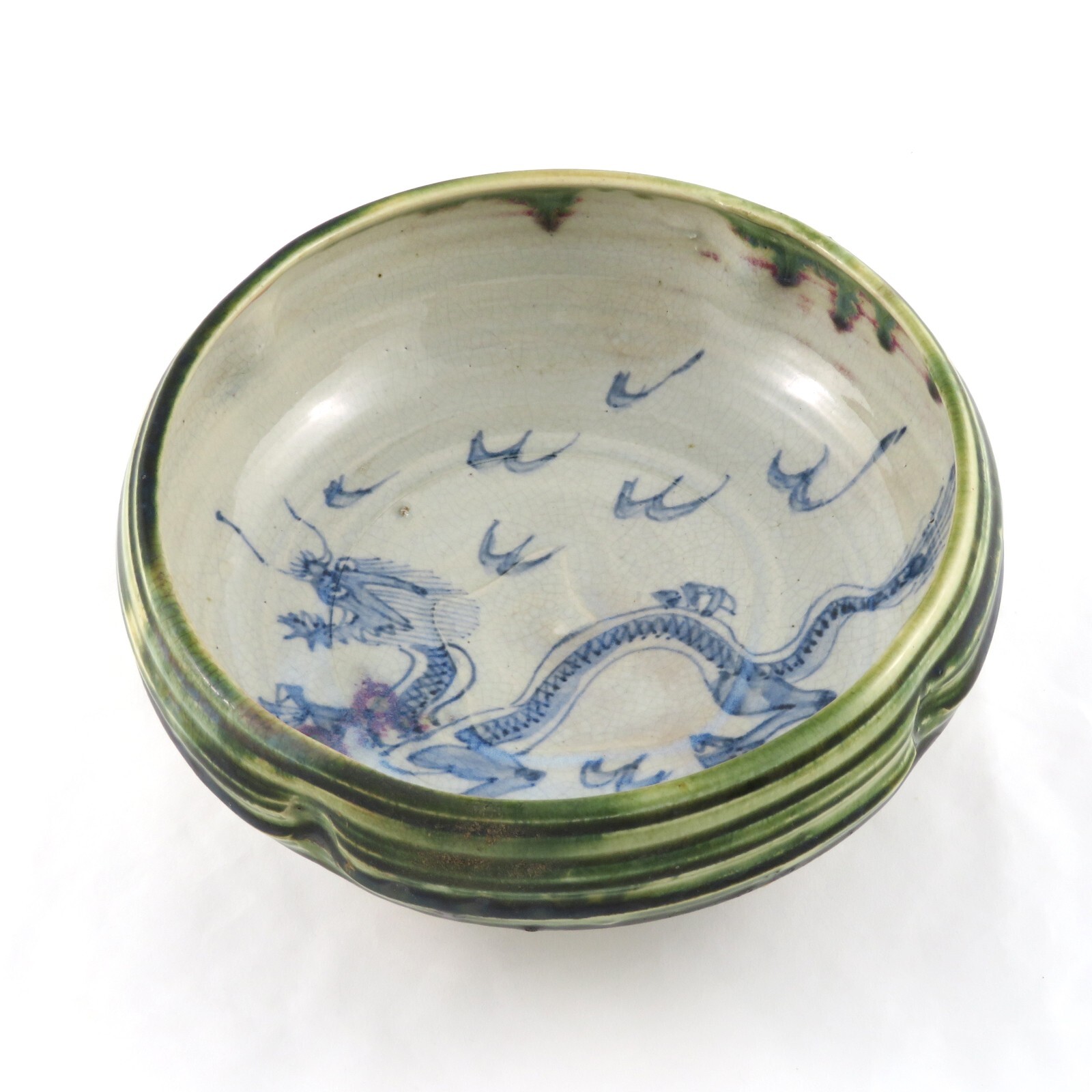 Vintage Japanese Oribe Stoneware Bowl Auspicious Guardian Dragon Tea Ceremony