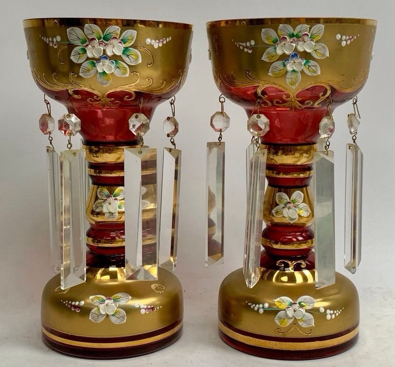 Victorian Pair of Ruby Bohemian and Hand-Painted Lusters Victorian Pair of Ruby Bohemian and Hand-Painted Lusters