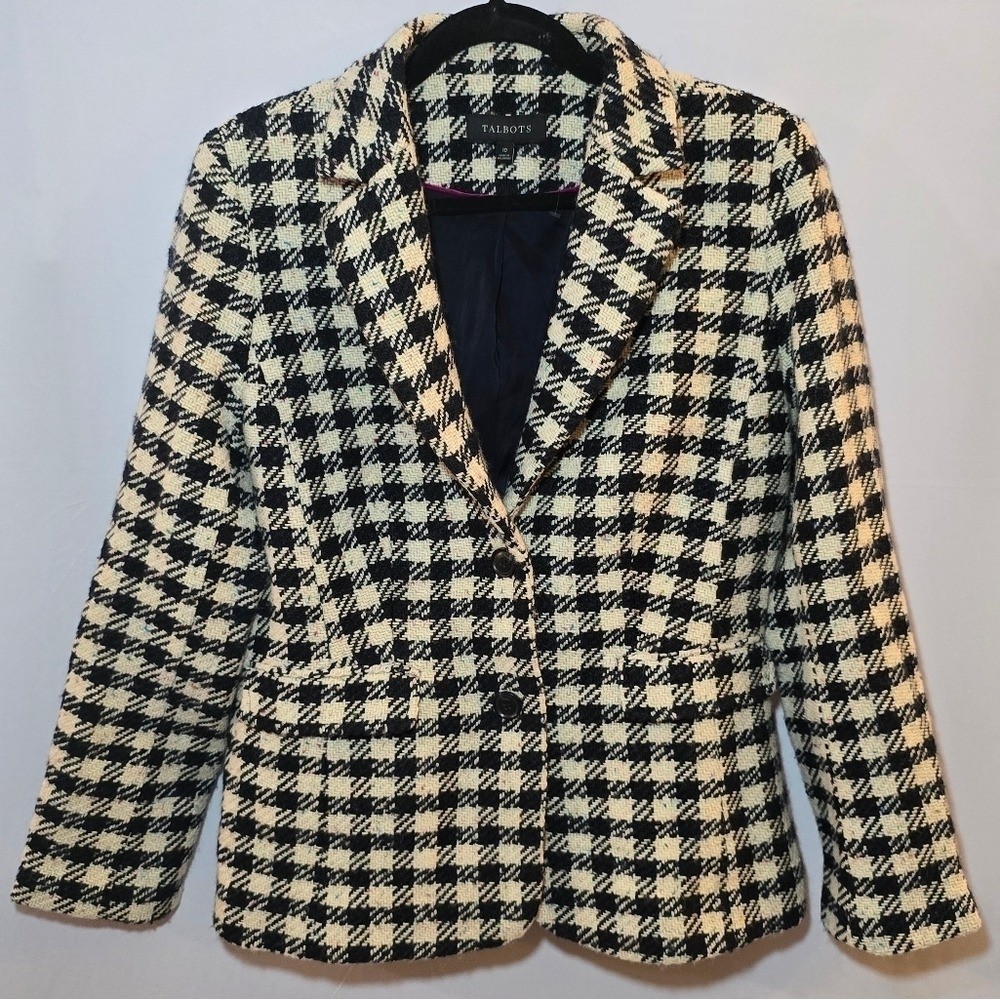 NWOT Talbots Wool Blend Confetti Black White Plaid Double Button Blazer, sz 10 NWOT Talbots Wool Blend Confetti Black White Plaid Double Button Blazer, sz 10
