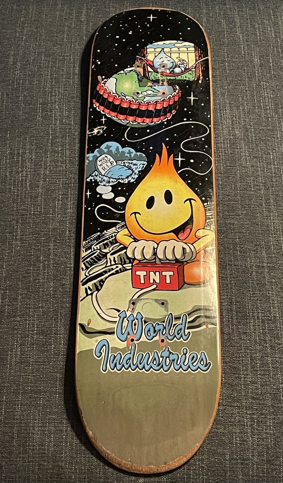 World Industries Vintage 1998 Skateboard Deck TNT Flameboy Mckee Blind Screened World Industries Vintage 1998 Skateboard Deck TNT Flameboy Mckee Blind Screened