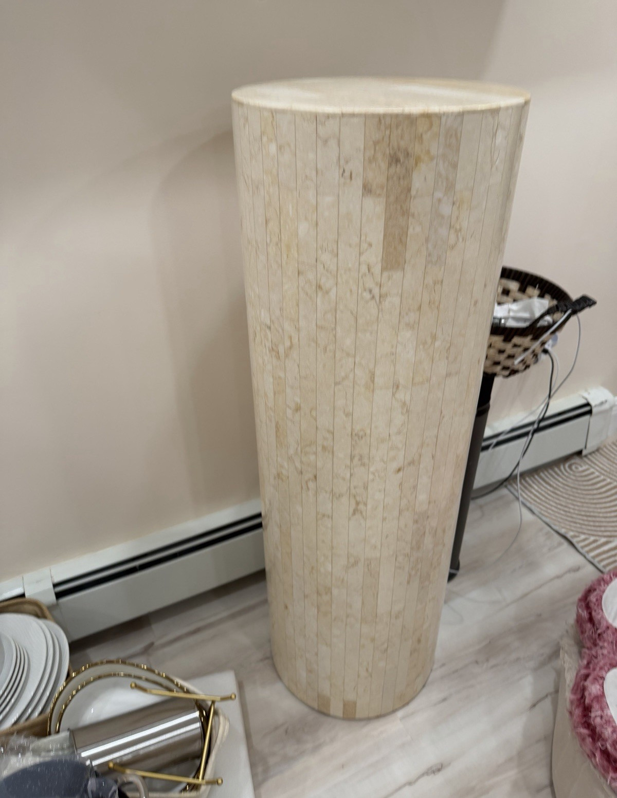 Beige Round Stone Pedestal Accent End & Side Table 36 x 12 x 30 in