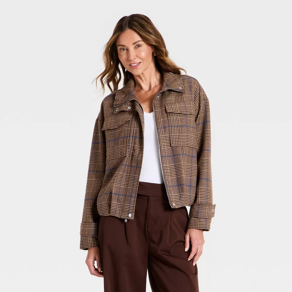 Women\'s Plaid Funnel Neck Field Jacket - A