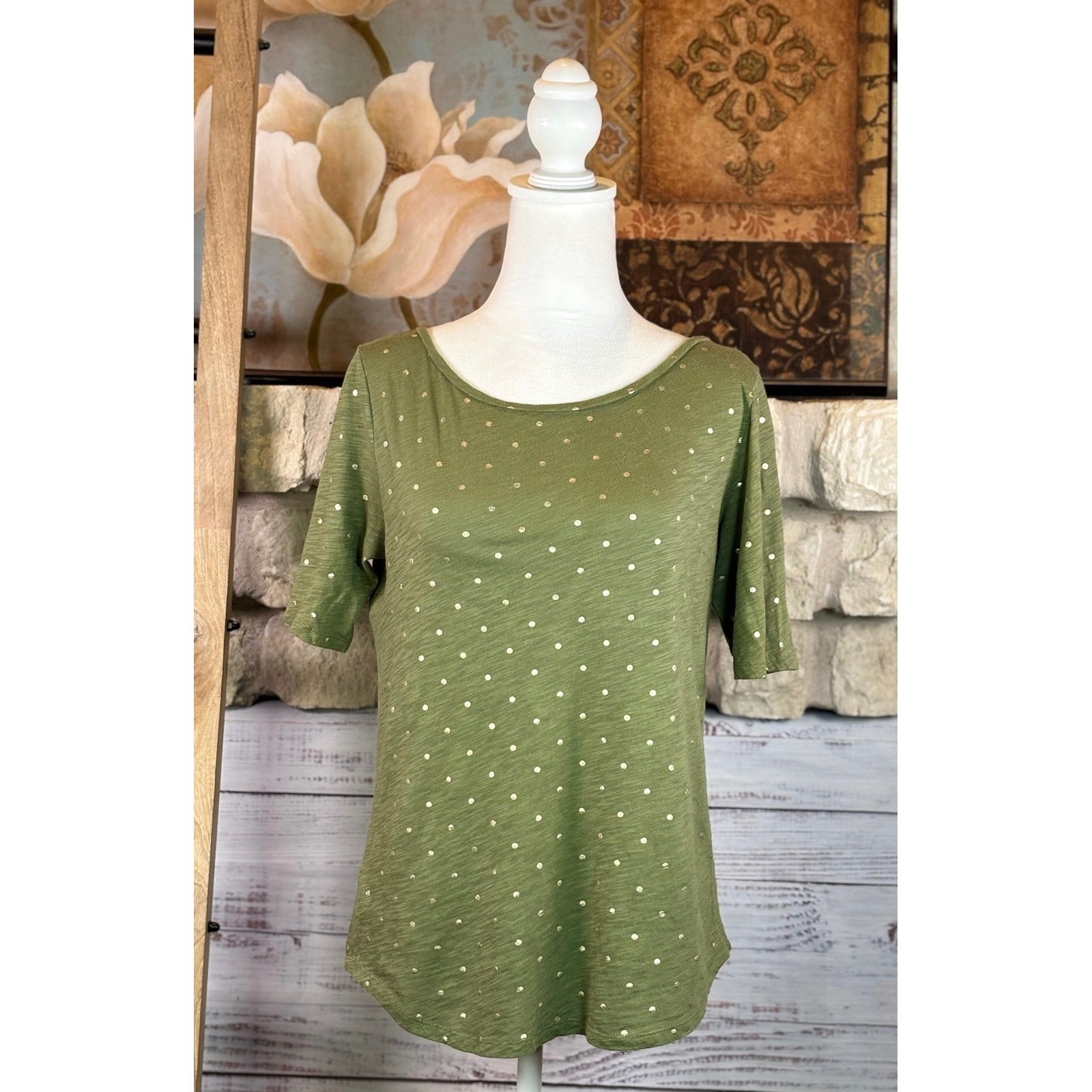 Loft Outlet Green Gold Polka Dot Cotton Slub Short Sleeve Top Small