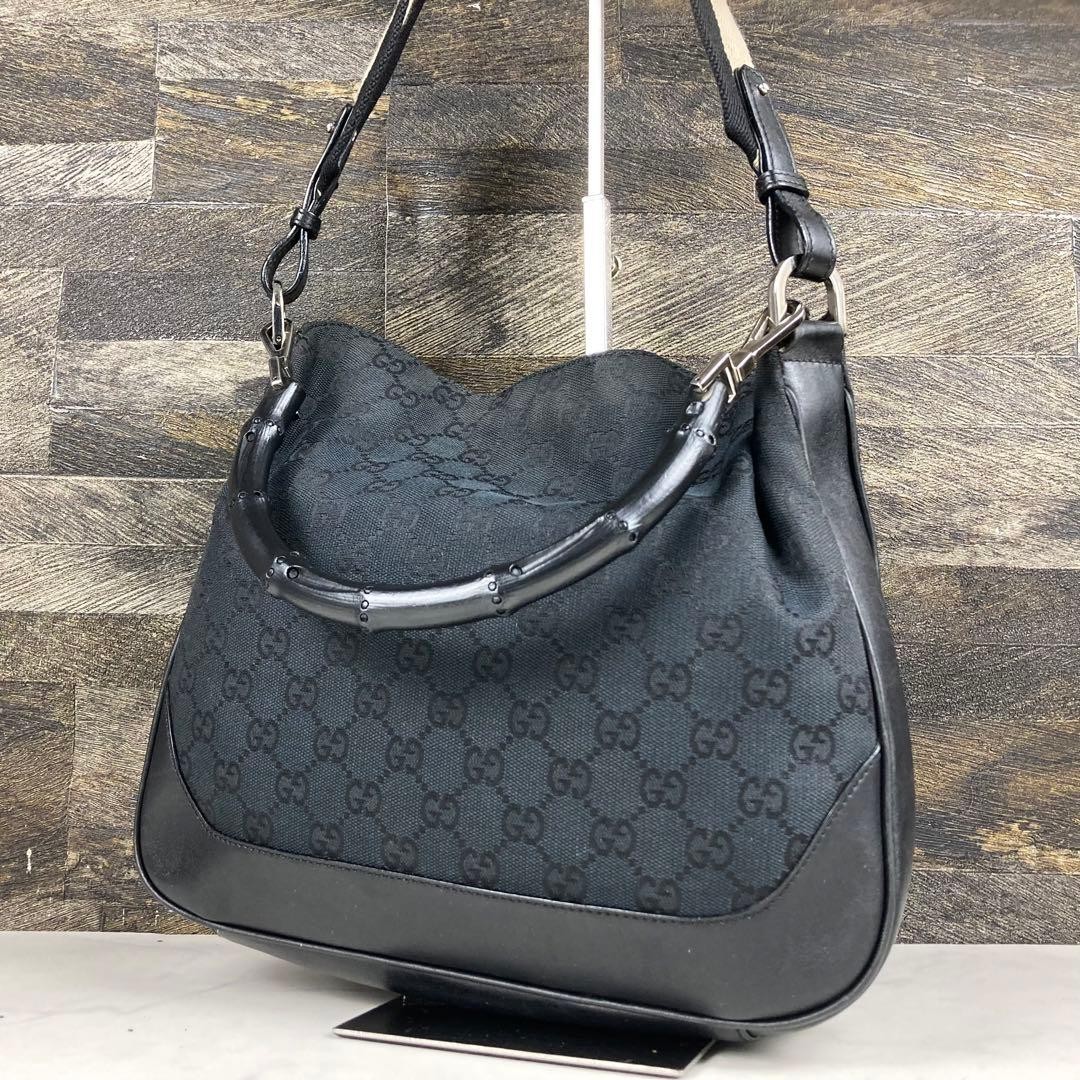 GUCCI Bamboo GG Canvas 2Way Shoulder Handbag Black Vintage Japan GUCCI Bamboo GG Canvas 2Way Shoulder Handbag Black Vintage Japan