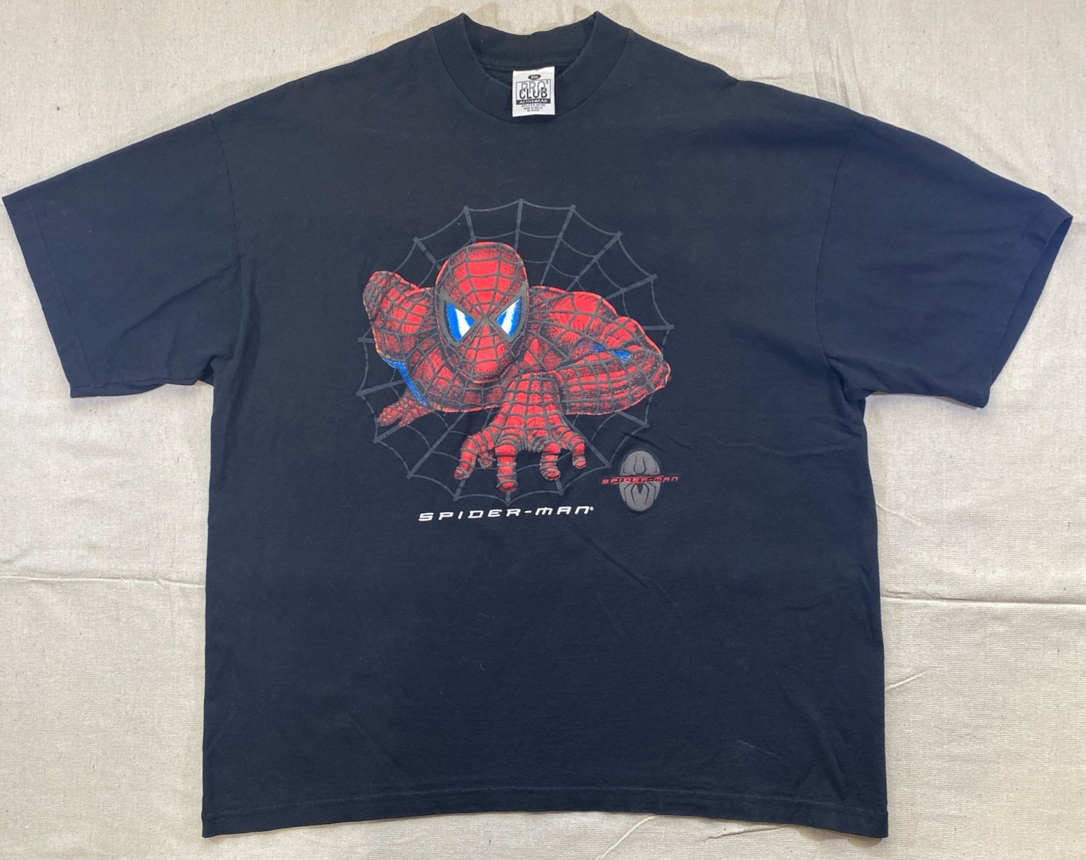 Vintage Y2K 2002 Spiderman Movie Promo Shirt XXL Black Faded Web Marvel Pro Club