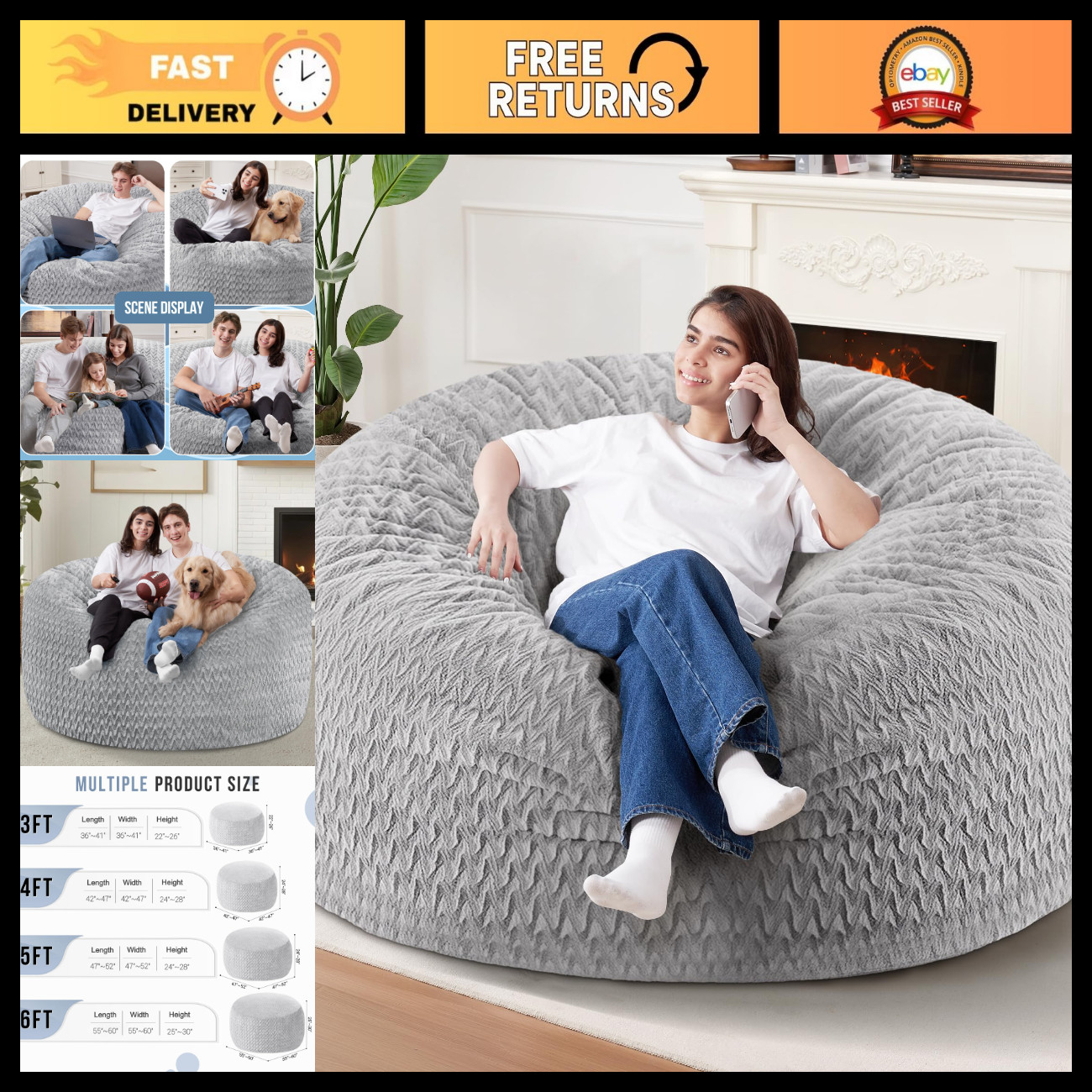 Giant 5FT Bean Bag Chair for Adults, Memory Foam Filled, Plush Light Grey Cover Giant 5FT Bean Bag Chair for Adults, Memory Foam Filled, Plush Light Grey Cover